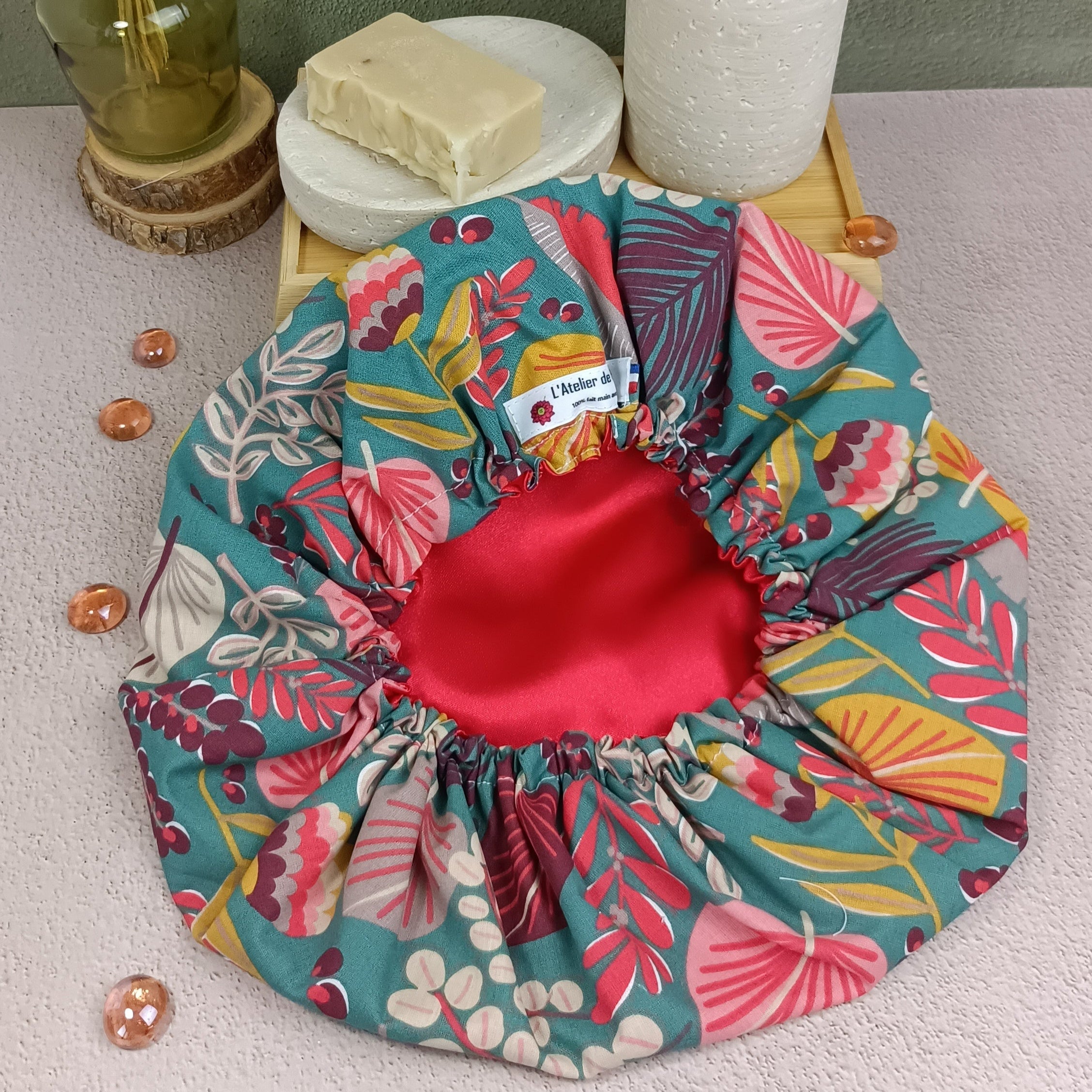 Bonnet de soin cheveux fleurs d'automne vert