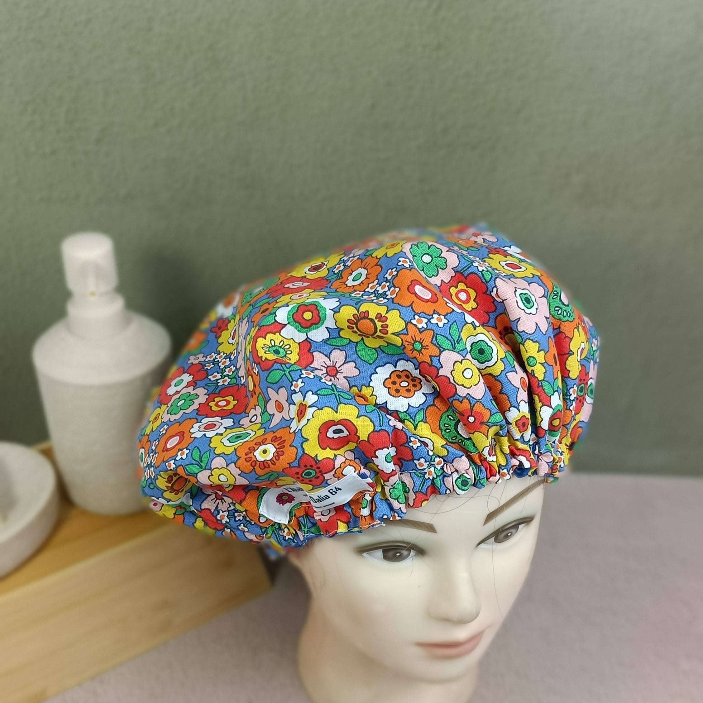 Bonnet de soin cheveux fleurs retro multico