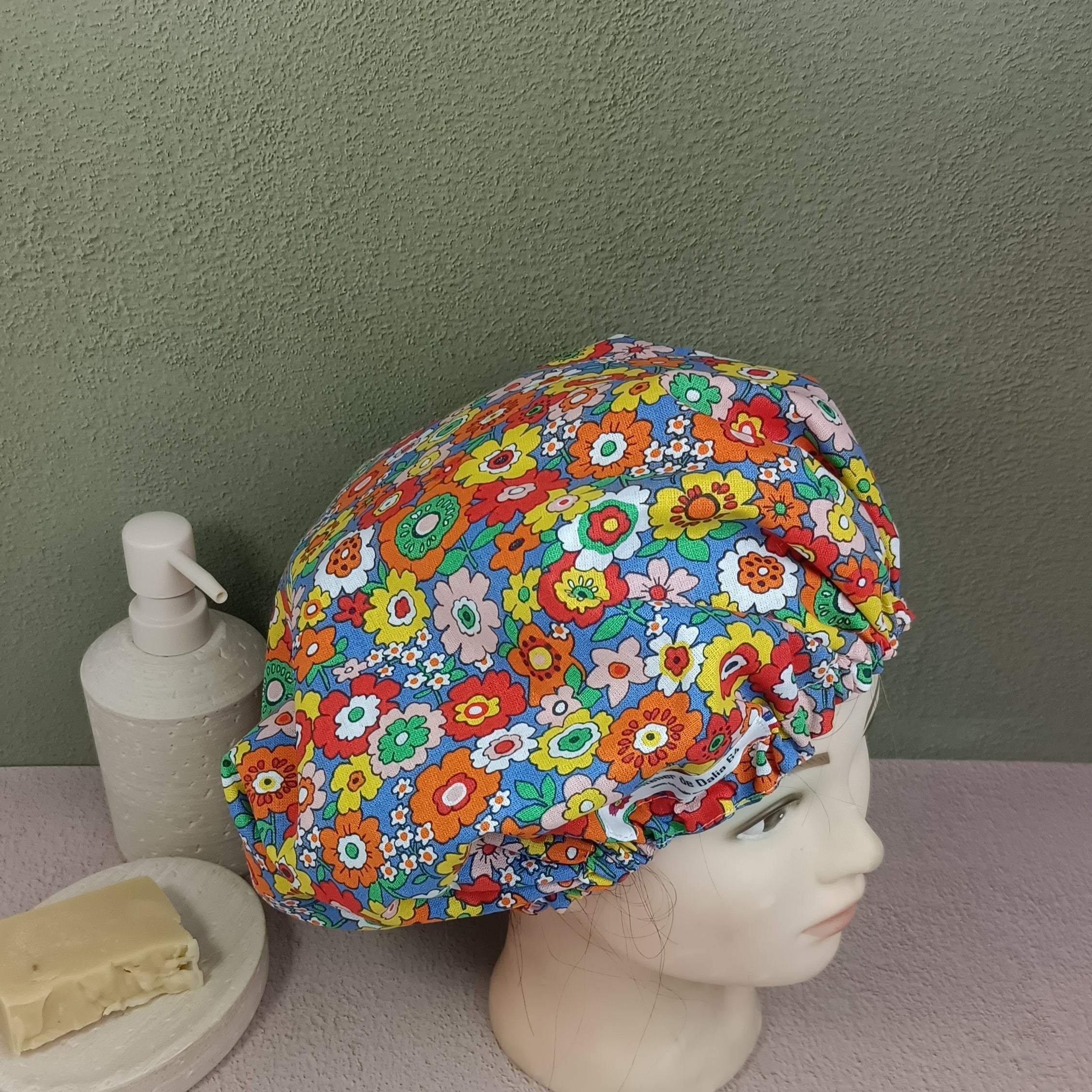 Bonnet de soin cheveux fleurs retro multico