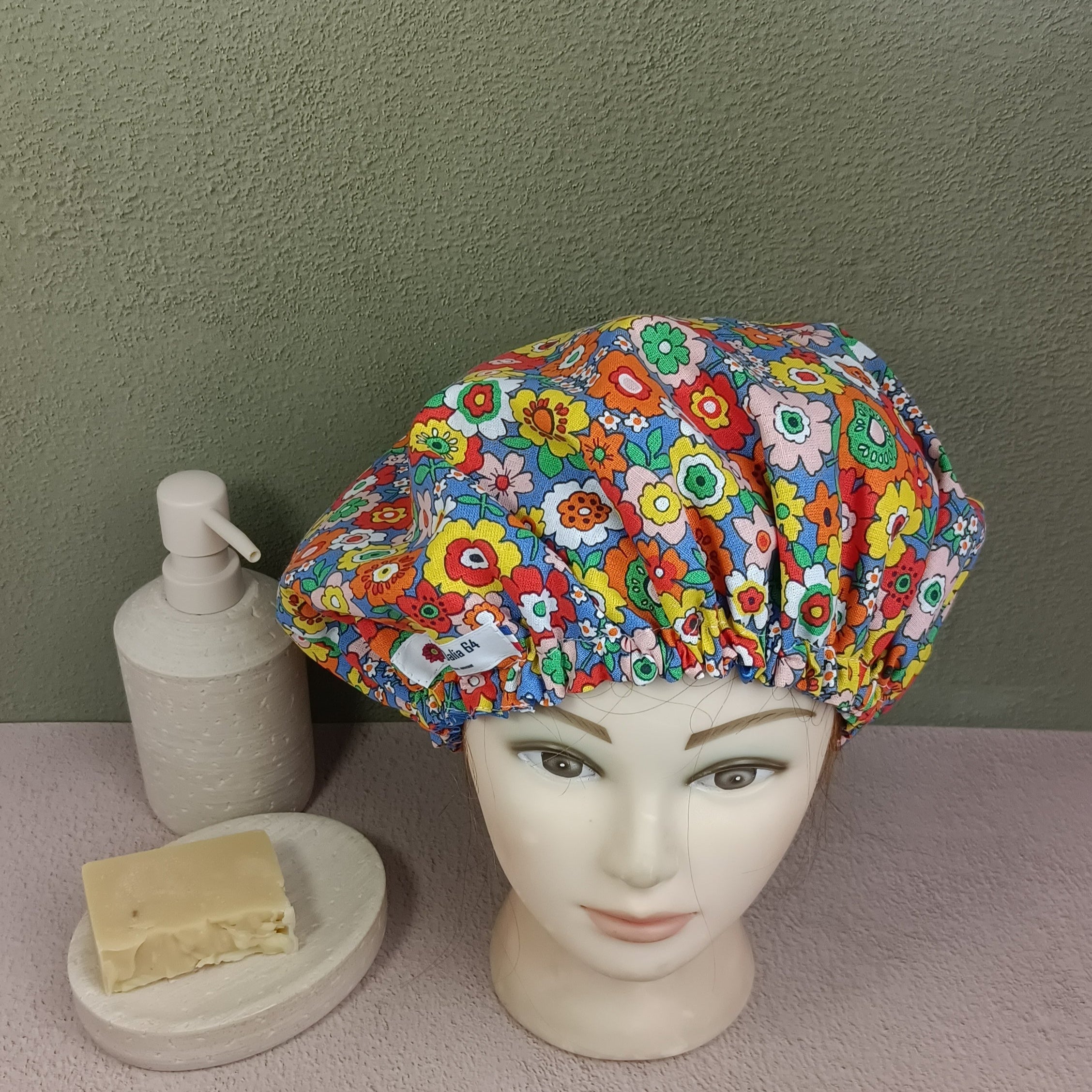 Bonnet de soin cheveux fleurs retro multico