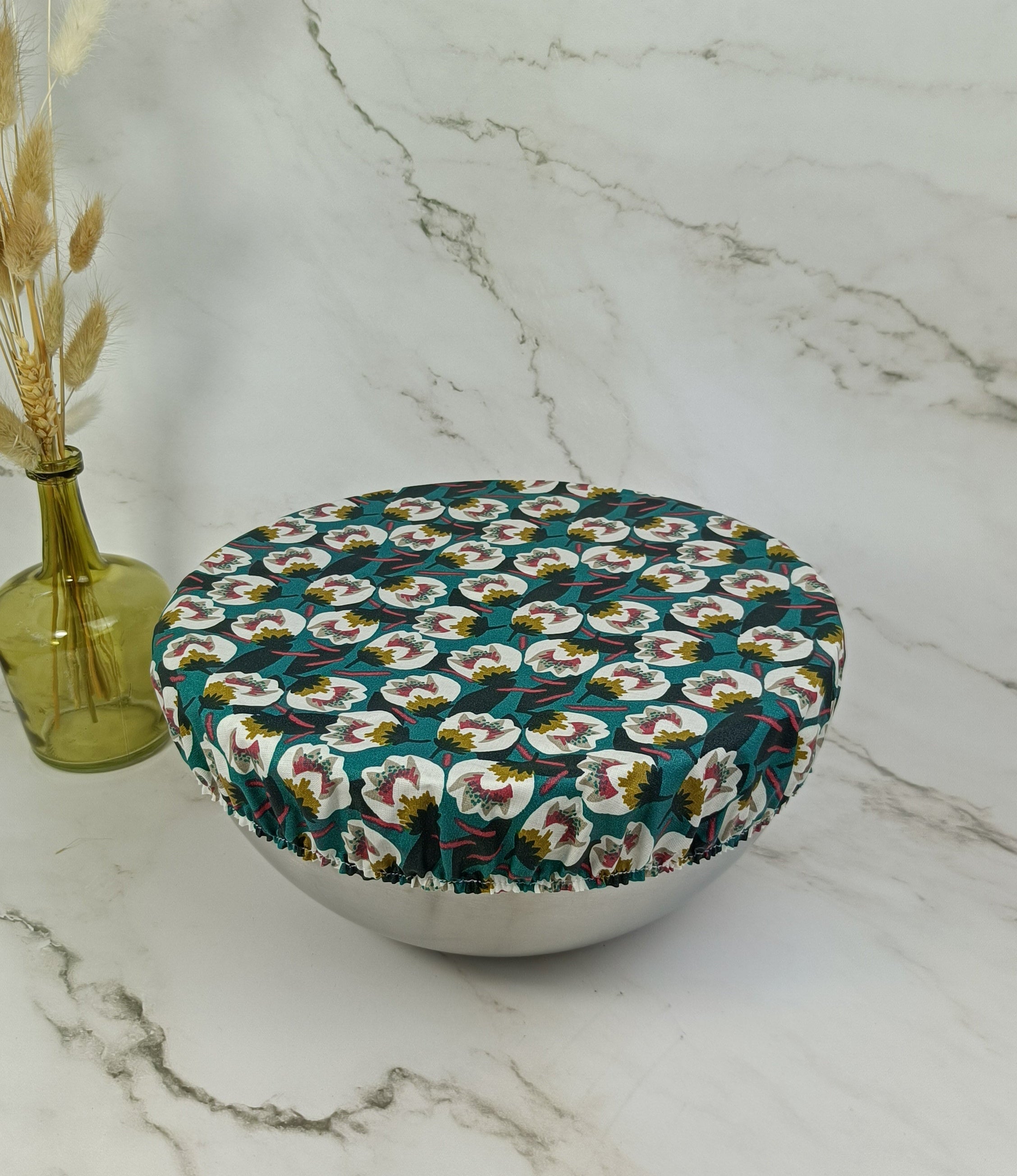 Couvre bol plat fleur de coton vert taille M