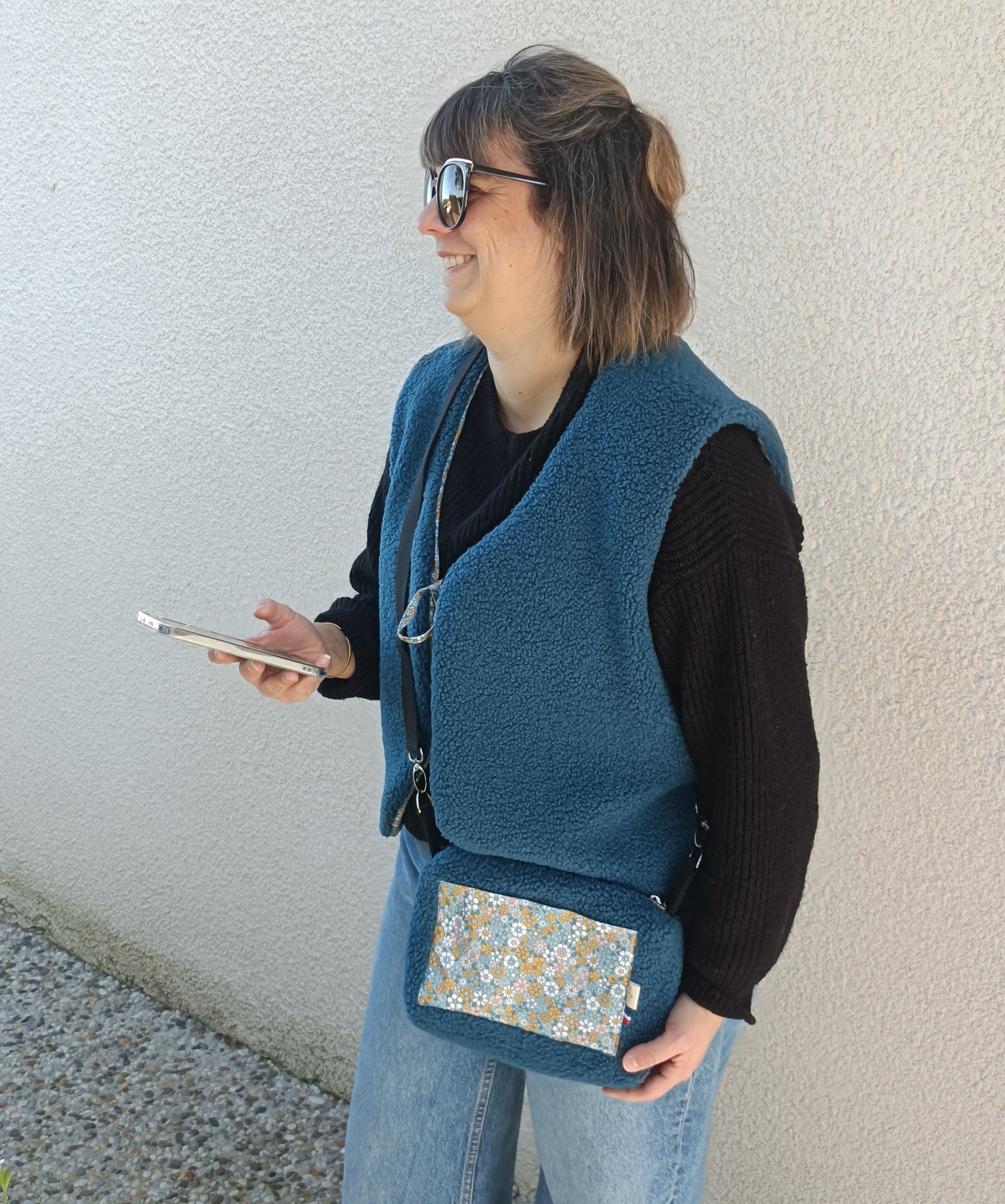 Gilet berger adultes sherpa bleu petites fleurs 46