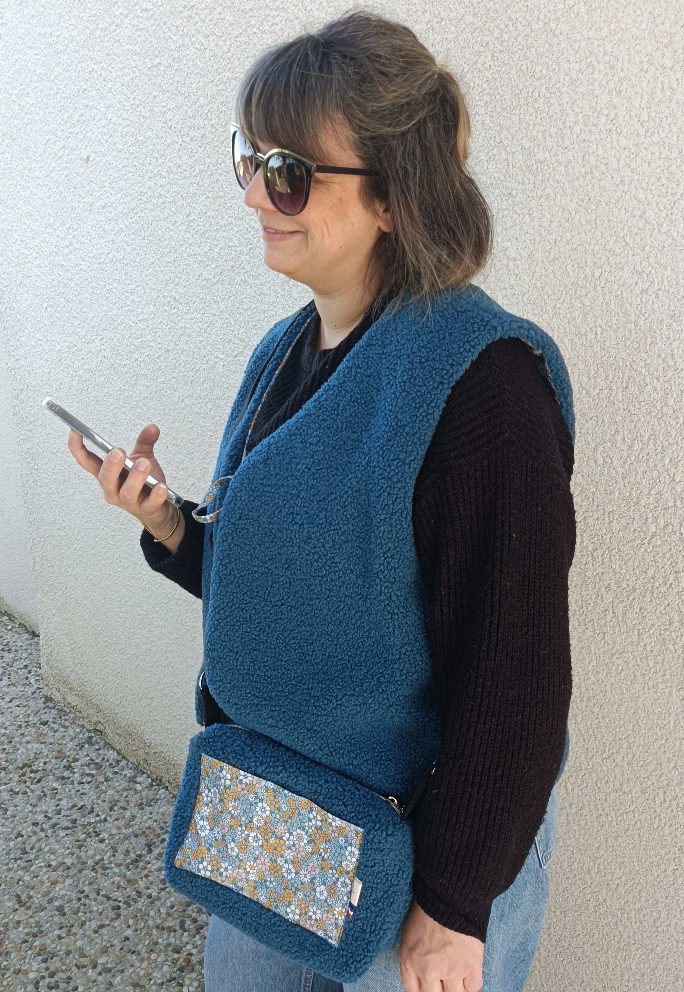 Gilet berger adultes sherpa bleu petites fleurs 46