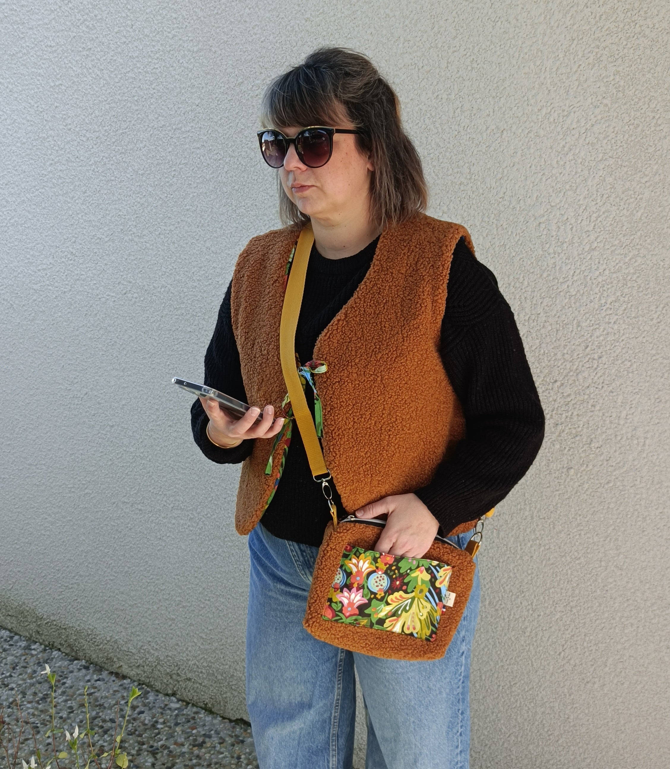 Gilet berger adultes sherpa caramel tissu jungle luxuriante