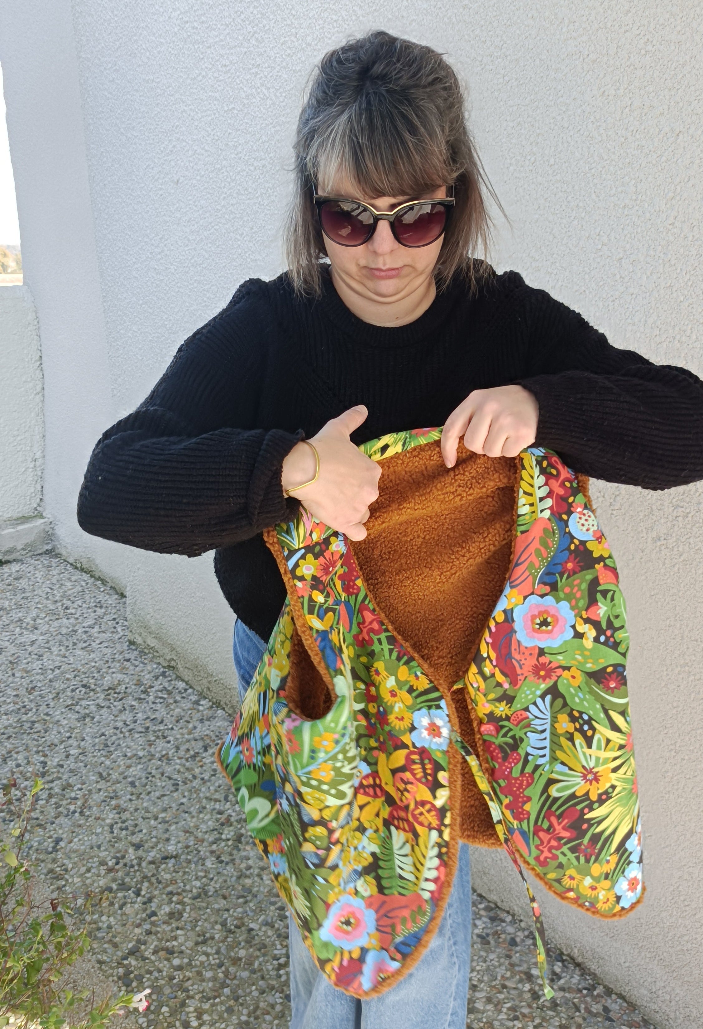 Gilet berger adultes sherpa caramel tissu jungle luxuriante