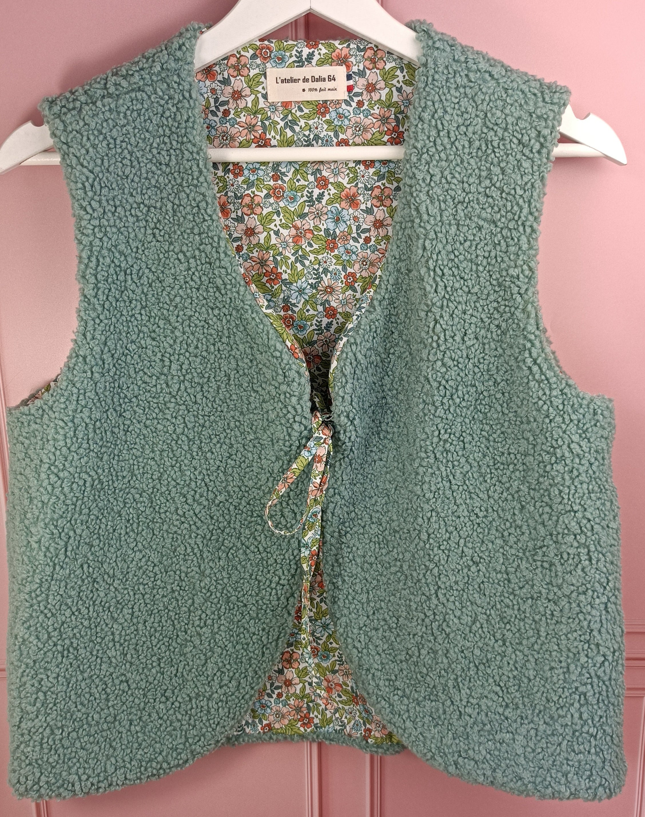 Gilet berger adultes sherpa vert thym tissu intérieur imprimé fleurs pensée