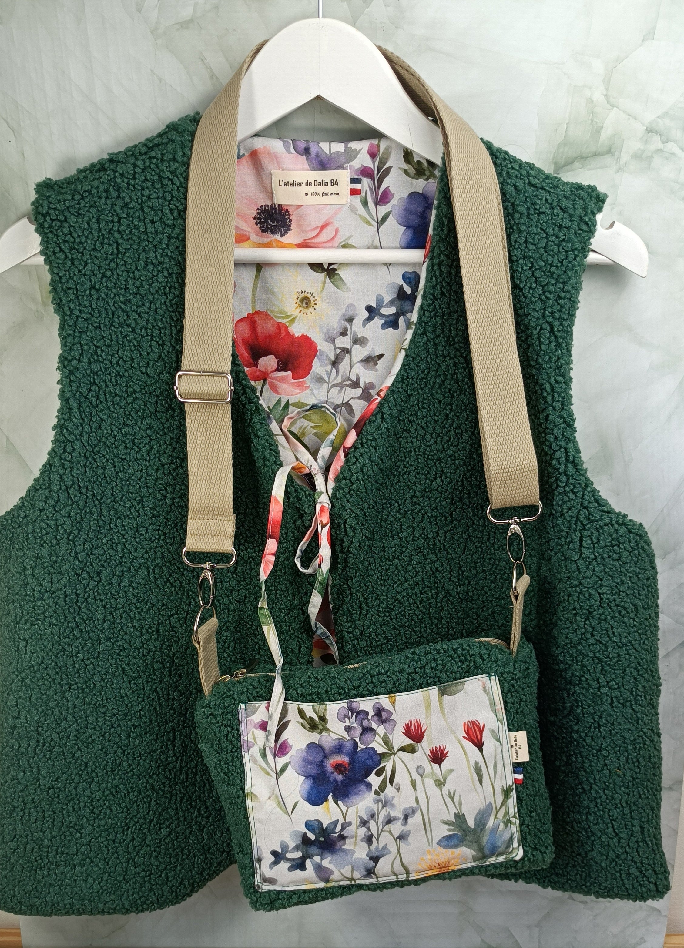 Gilet berger adultes sherpa vert tissu intérieur coquelicot