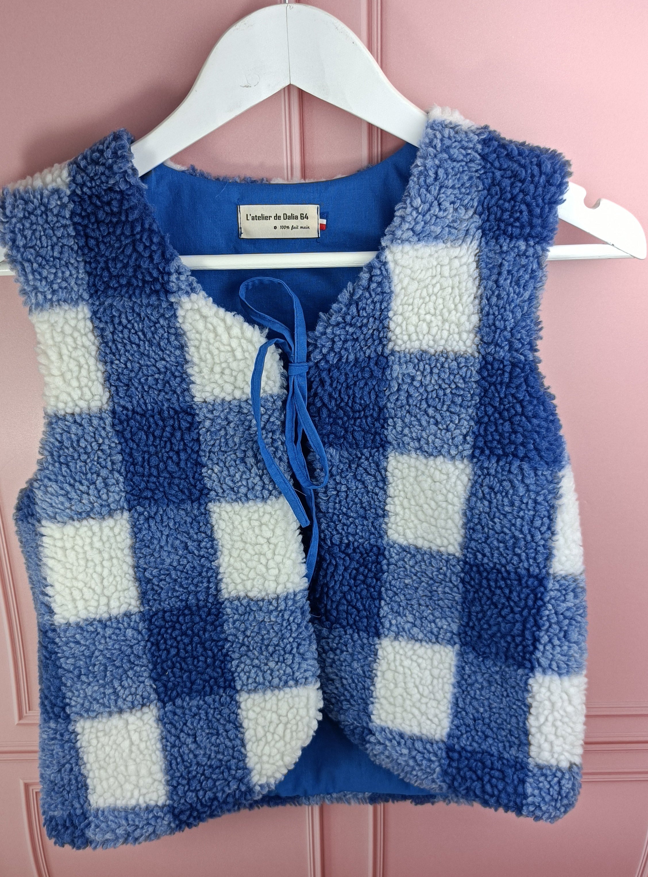 Gilet berger enfant sherpa carreau bleu blanc