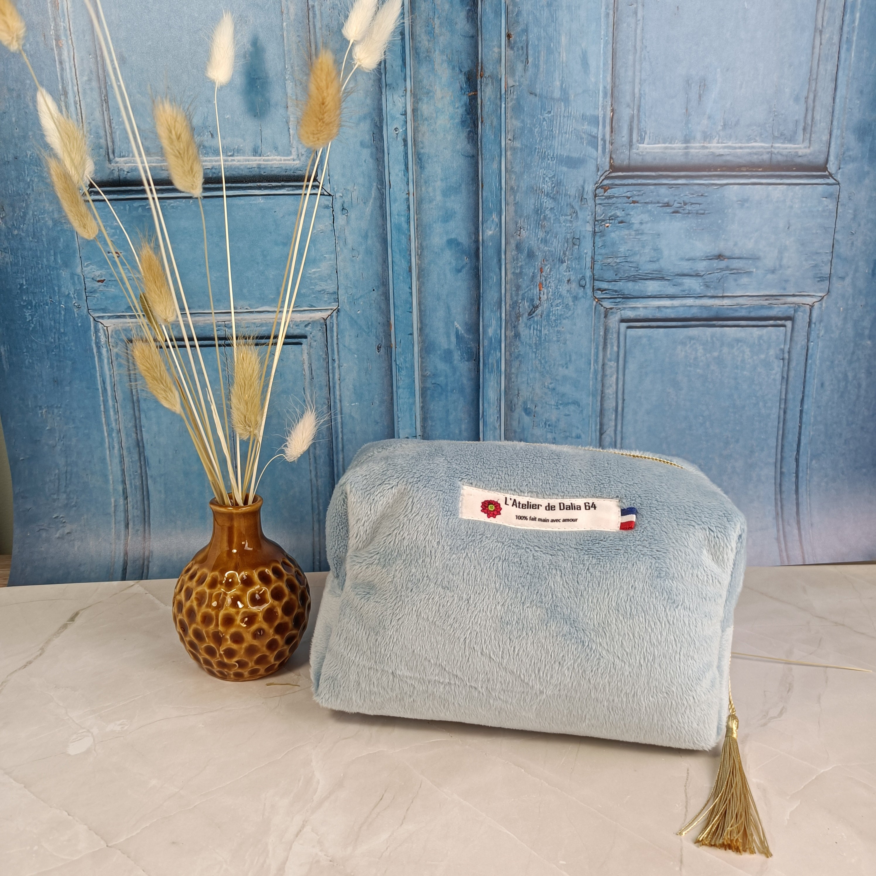 Trousse maquillage zippée - velours lisse Bleu ciel