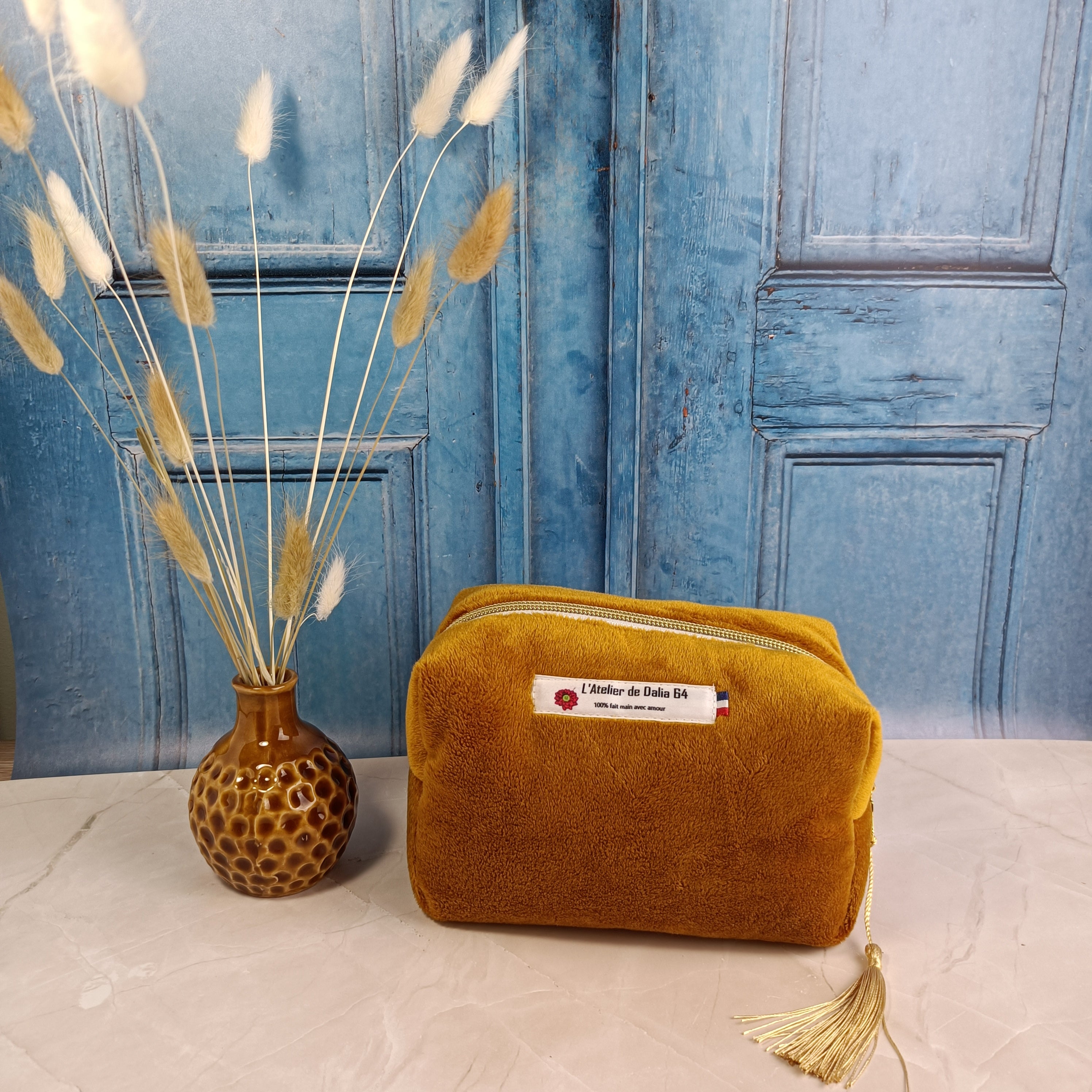Trousse maquillage zippée - velours lisse Cassonade
