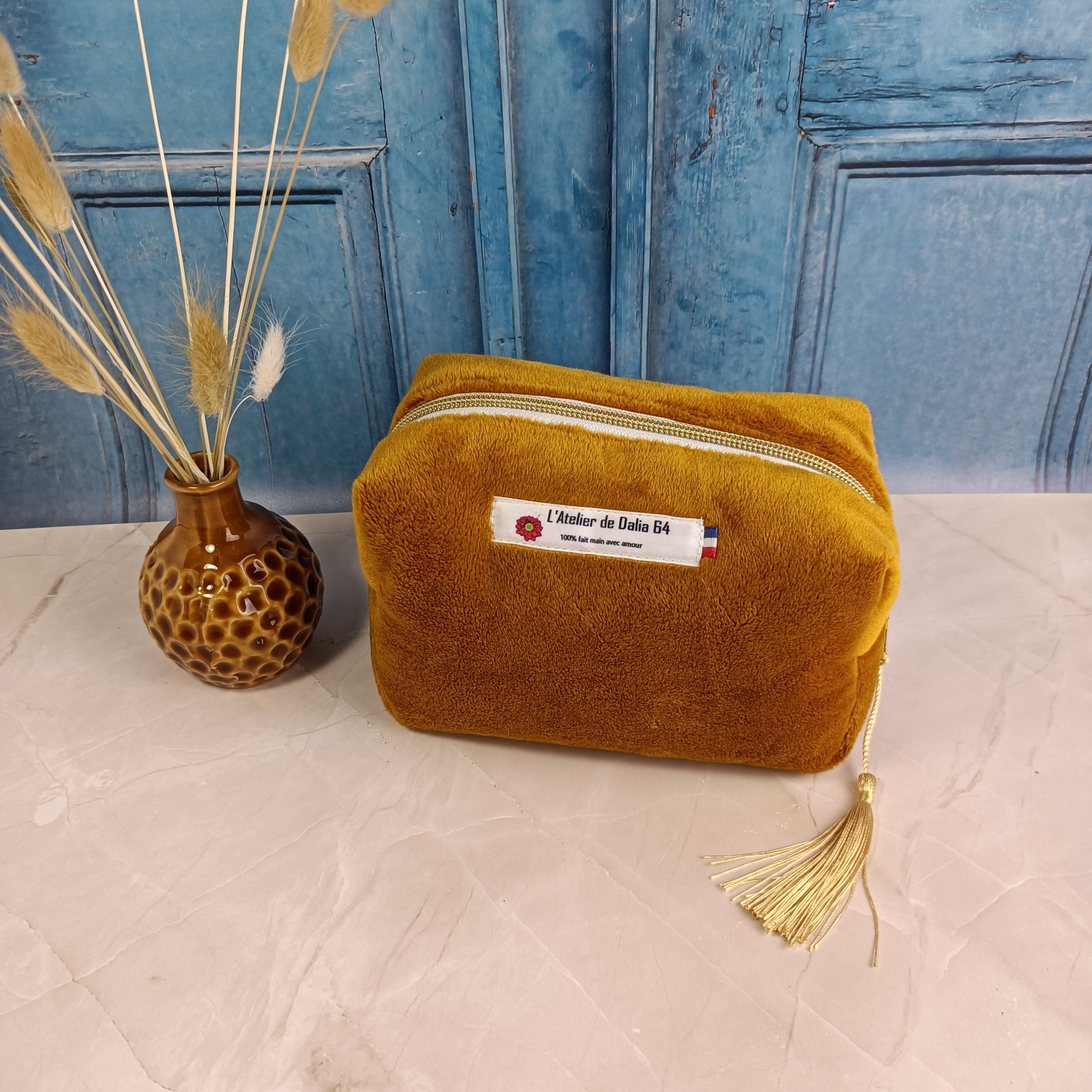 Trousse maquillage zippée - velours lisse Cassonade