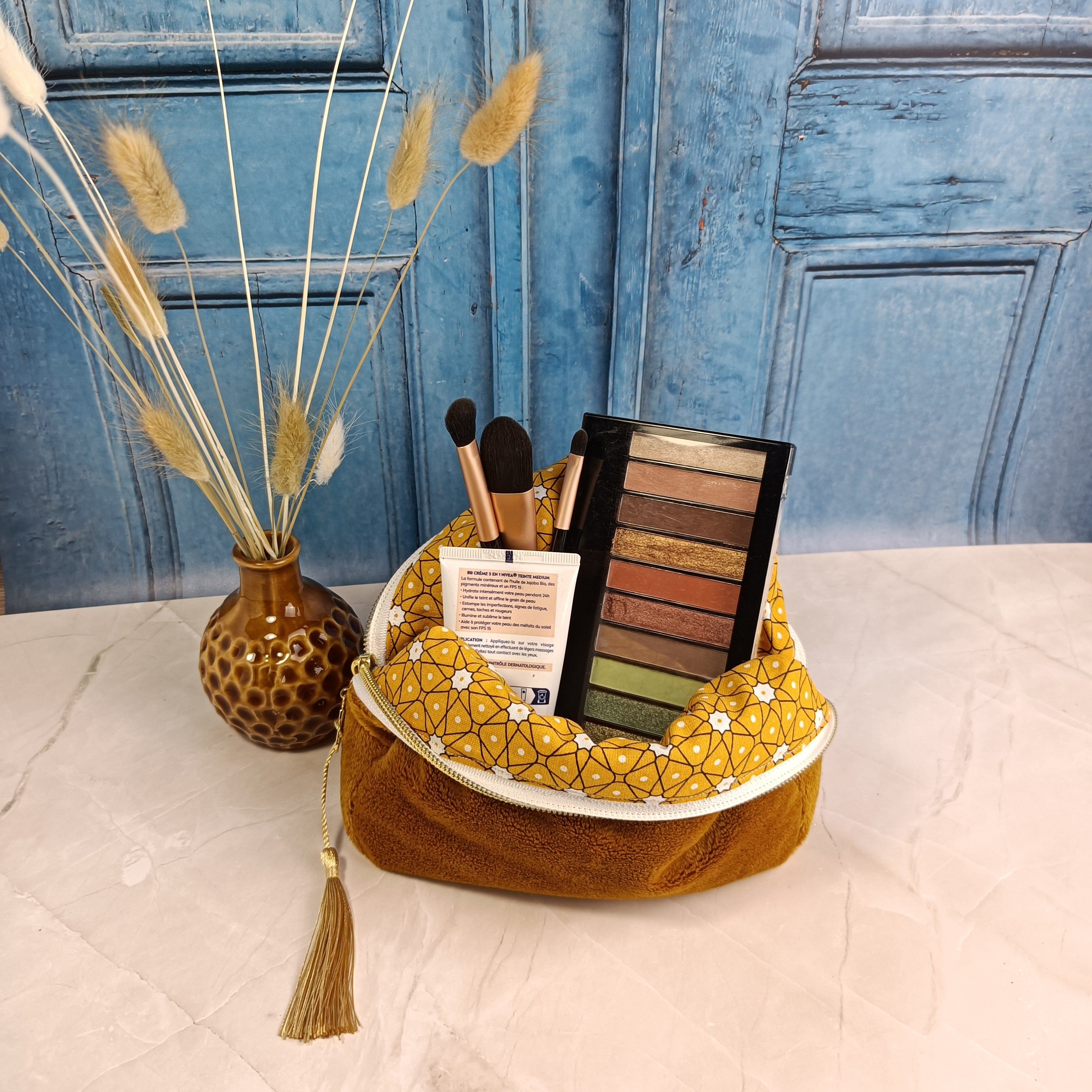 Trousse maquillage zippée - velours lisse Cassonade