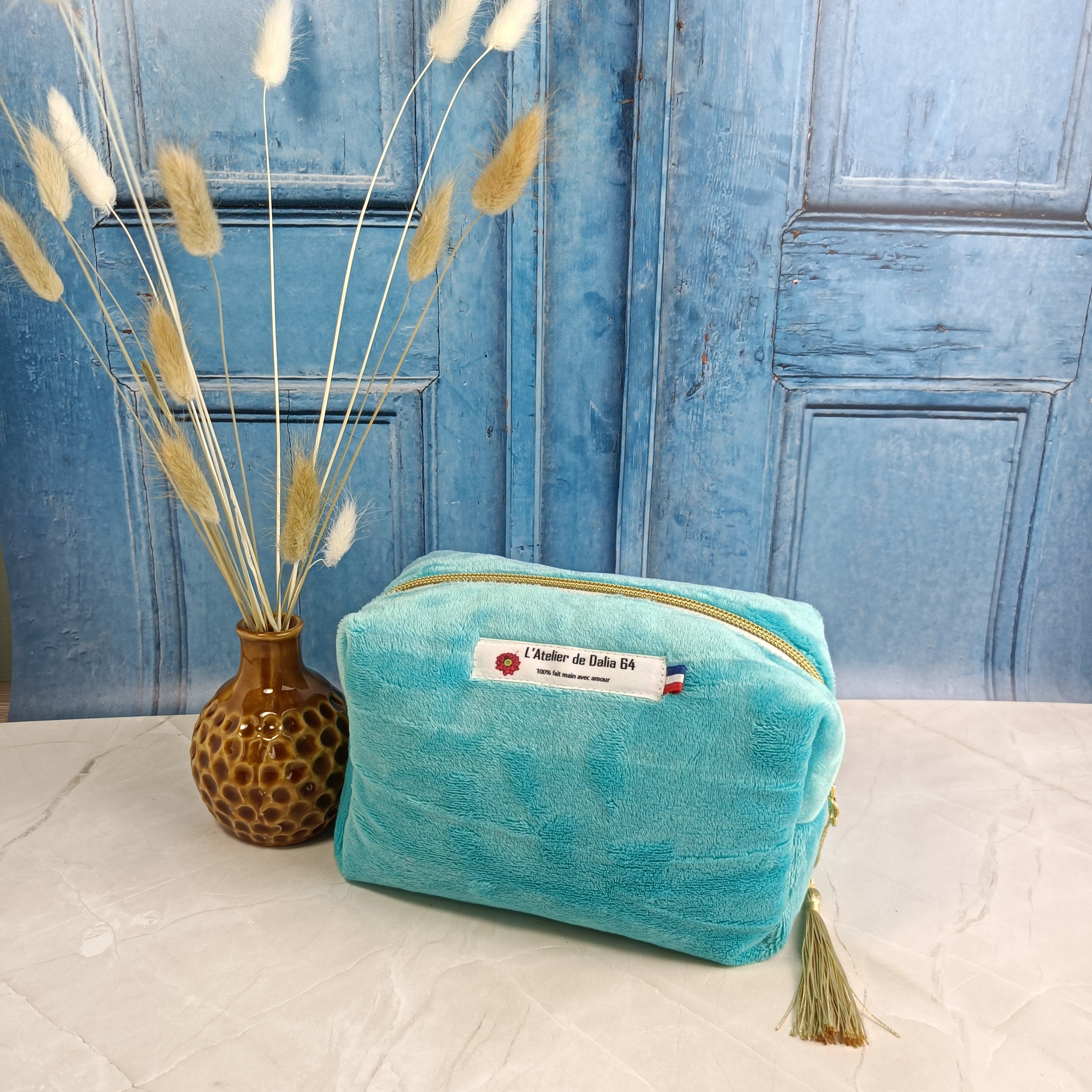Trousse maquillage zippée - velours lisse turquoise clair