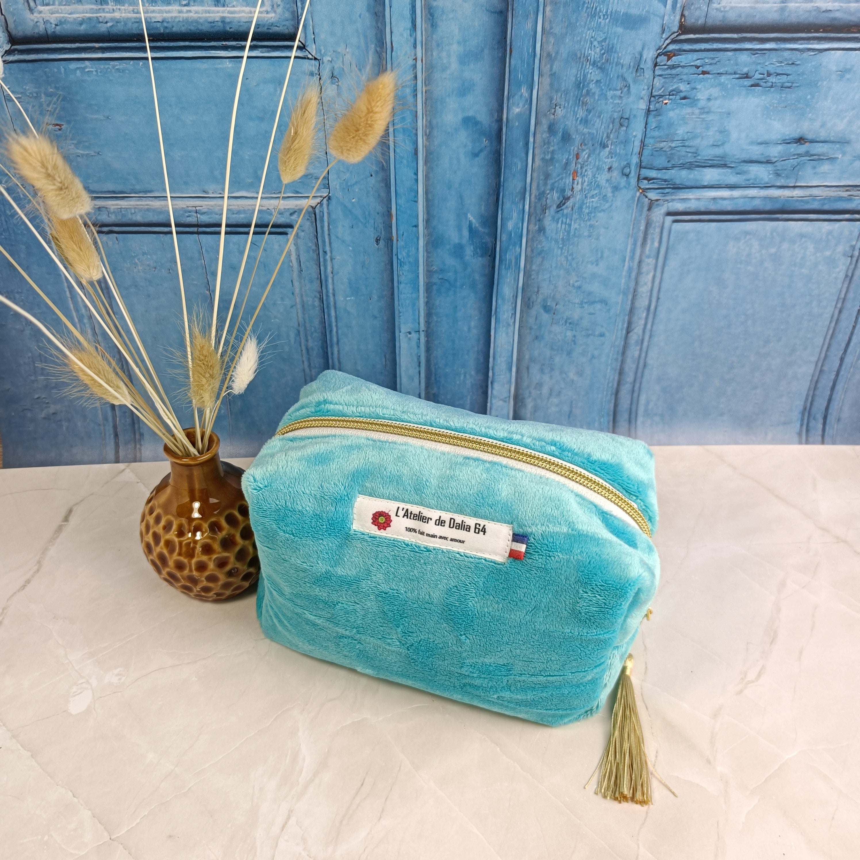 Trousse maquillage zippée - velours lisse turquoise clair