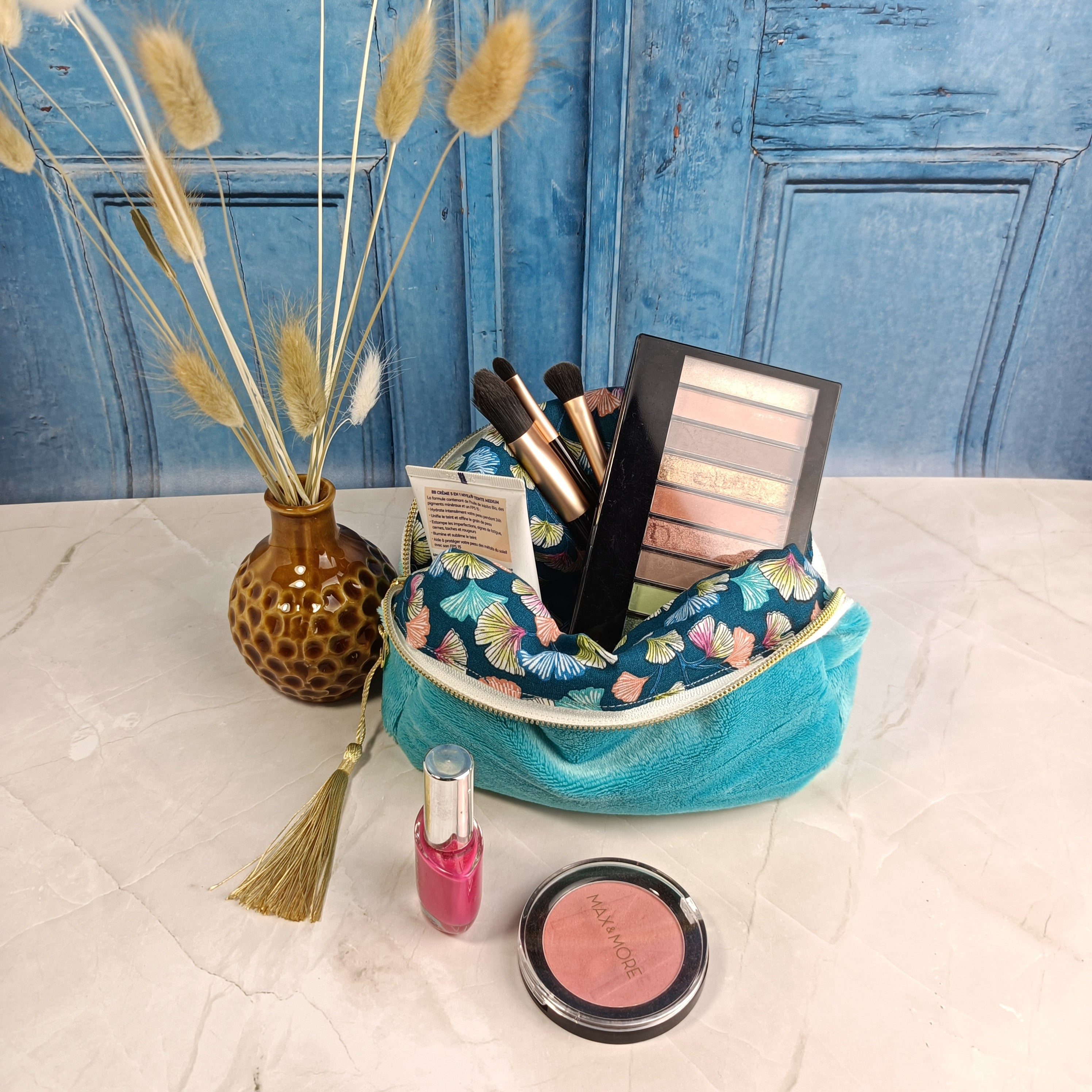 Trousse maquillage zippée - velours lisse turquoise clair
