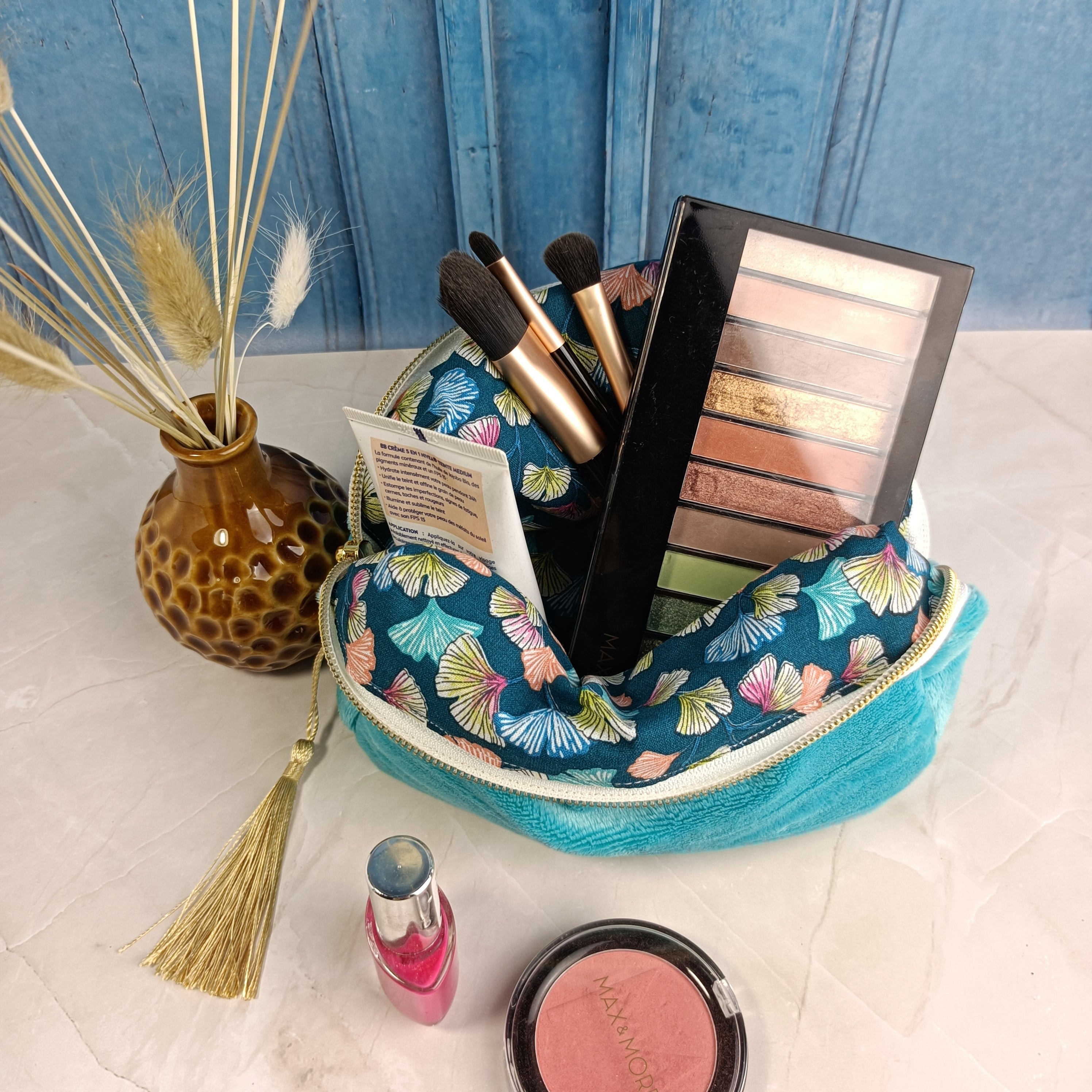 Trousse maquillage zippée - velours lisse turquoise clair