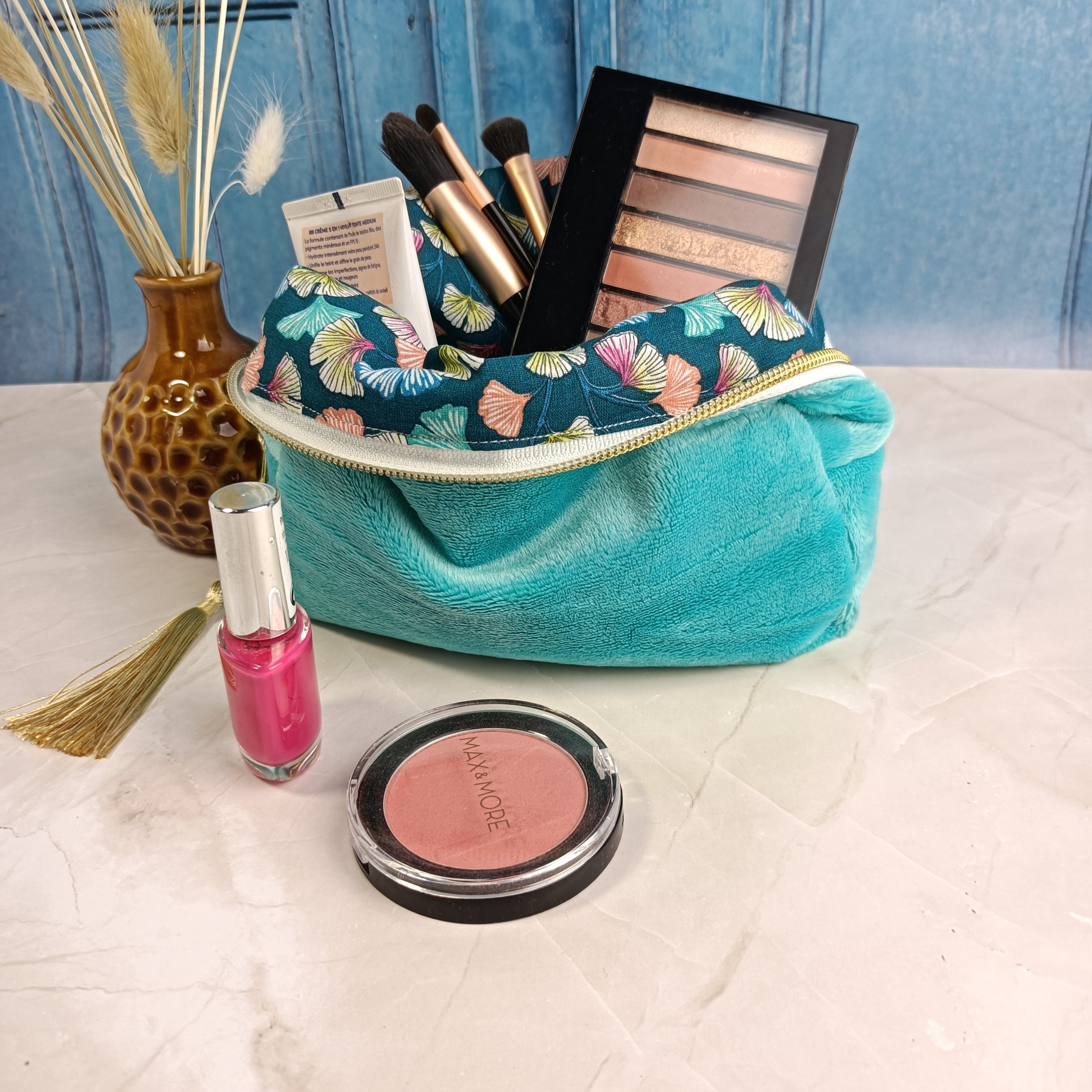 Trousse maquillage zippée - velours lisse turquoise clair