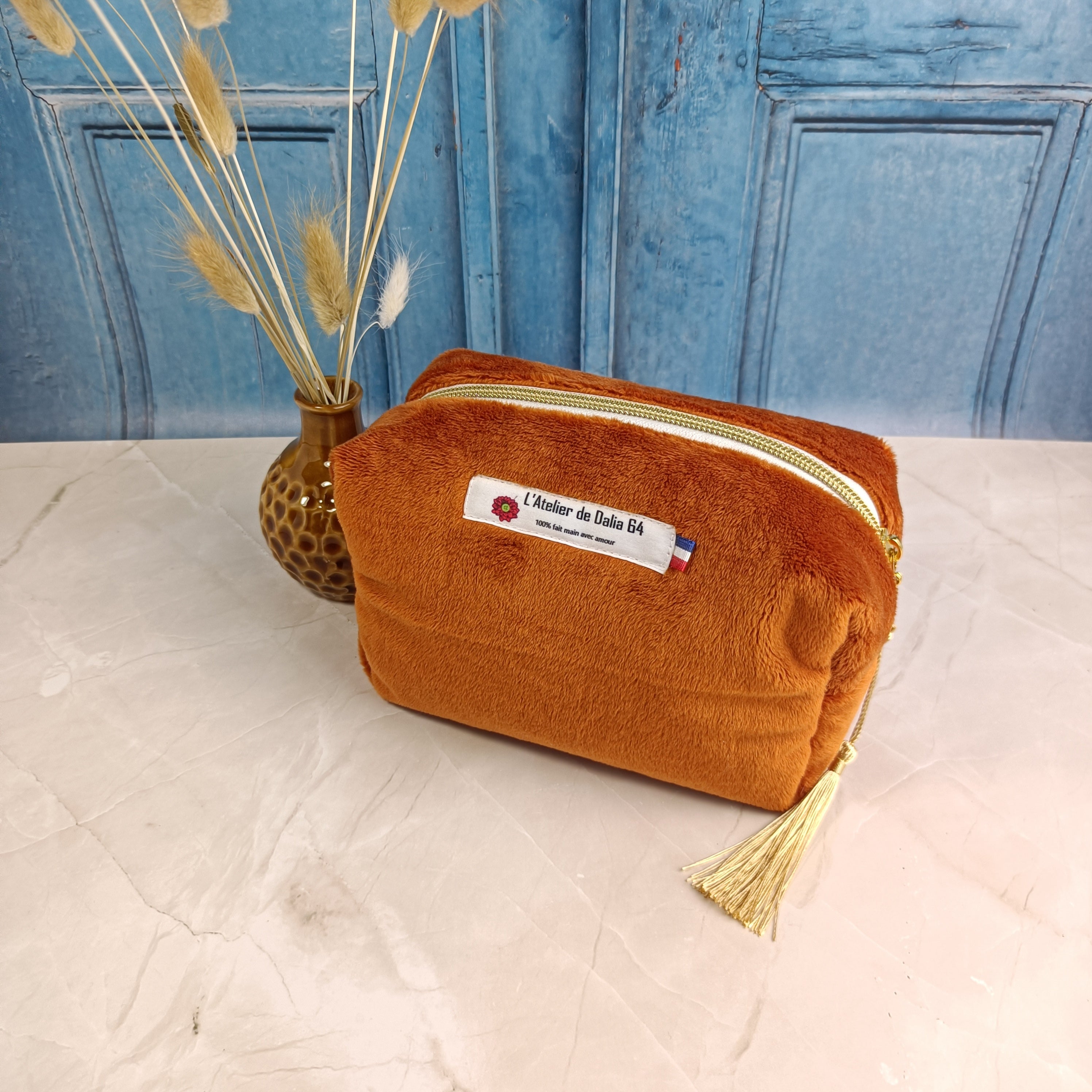 Trousse maquillage zippée - velours lisse Moka