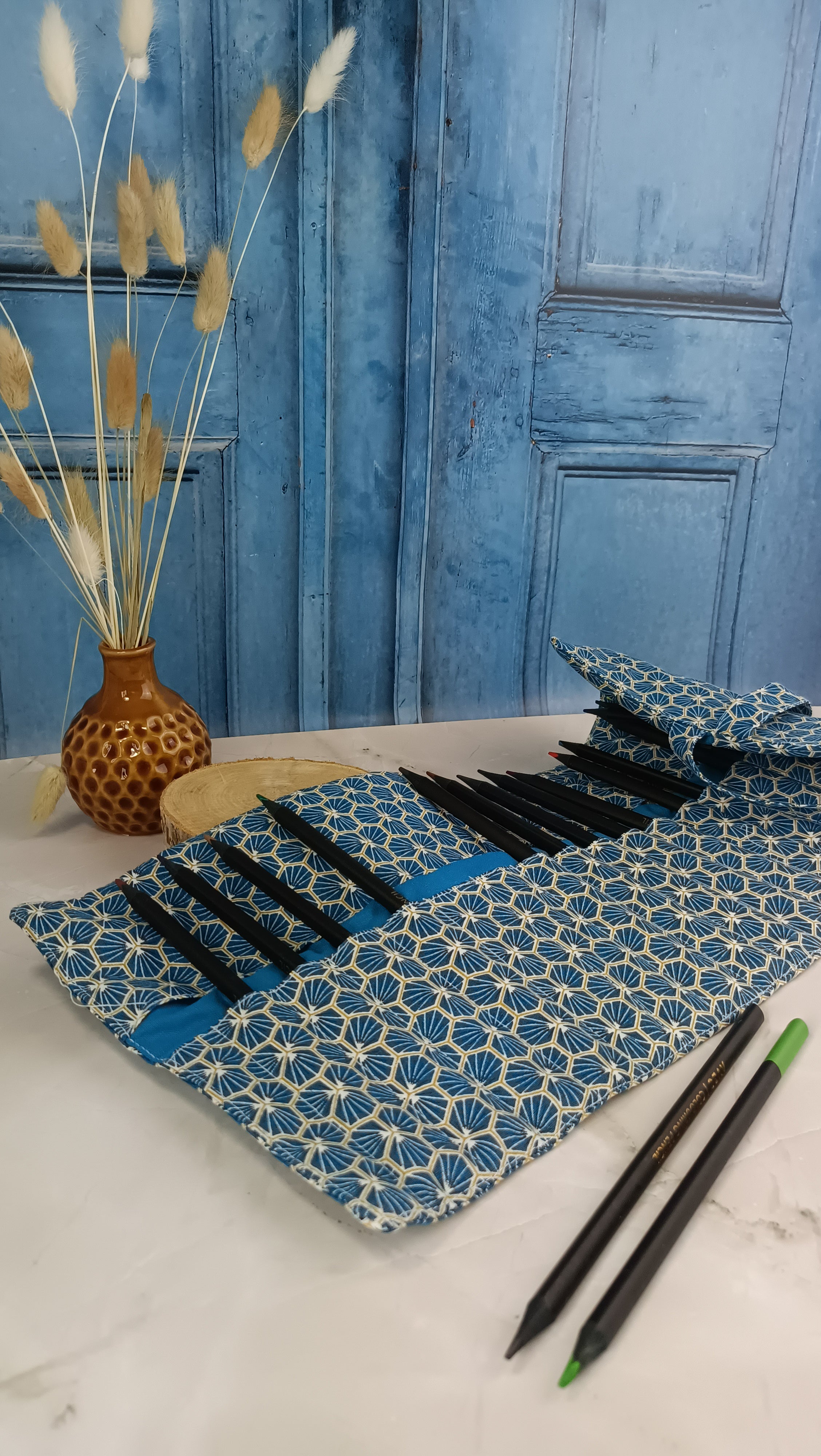 Trousse à crayons ou feutres roulée - RIAD turquoise