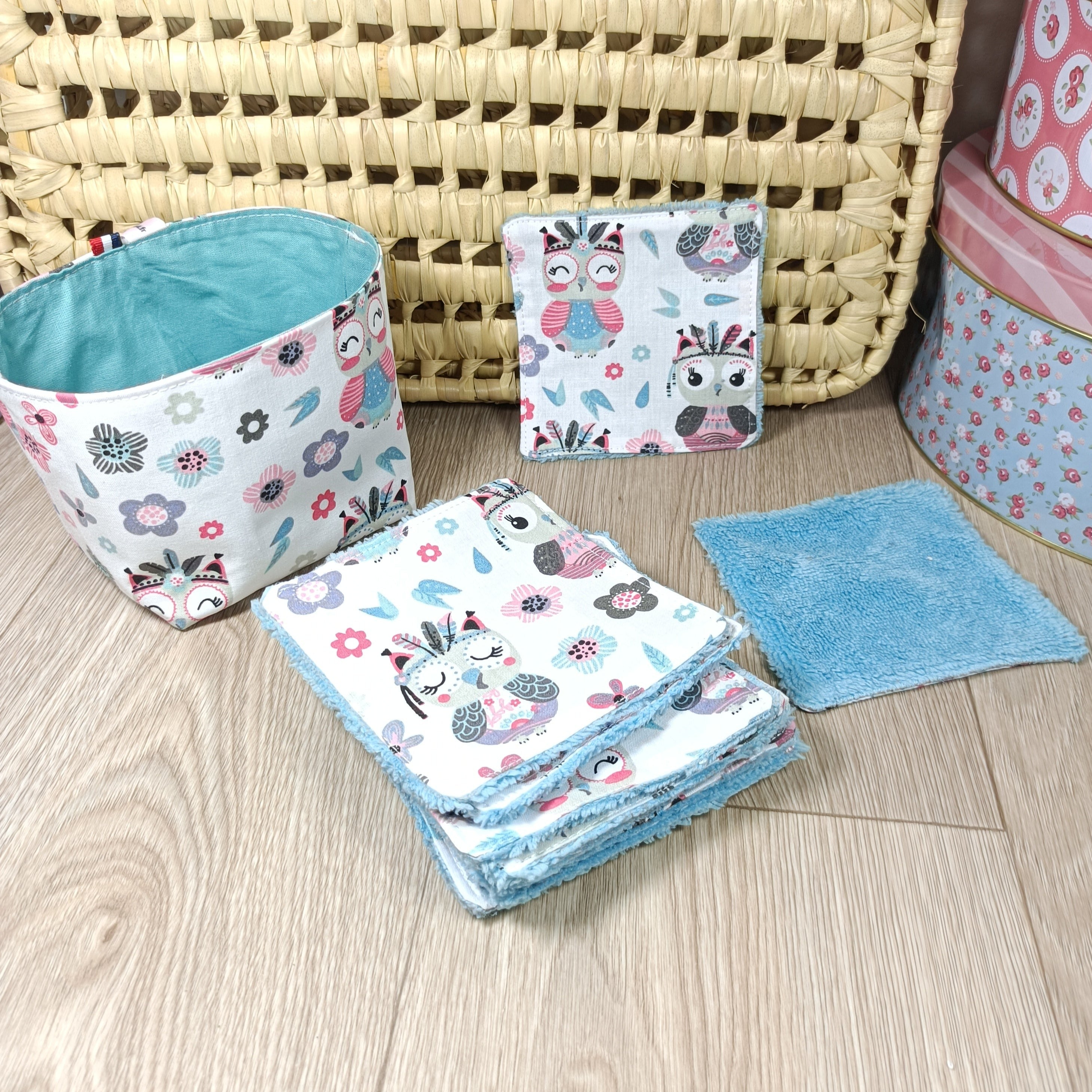 Lingettes lavables dans sa panières assortis thème chouette