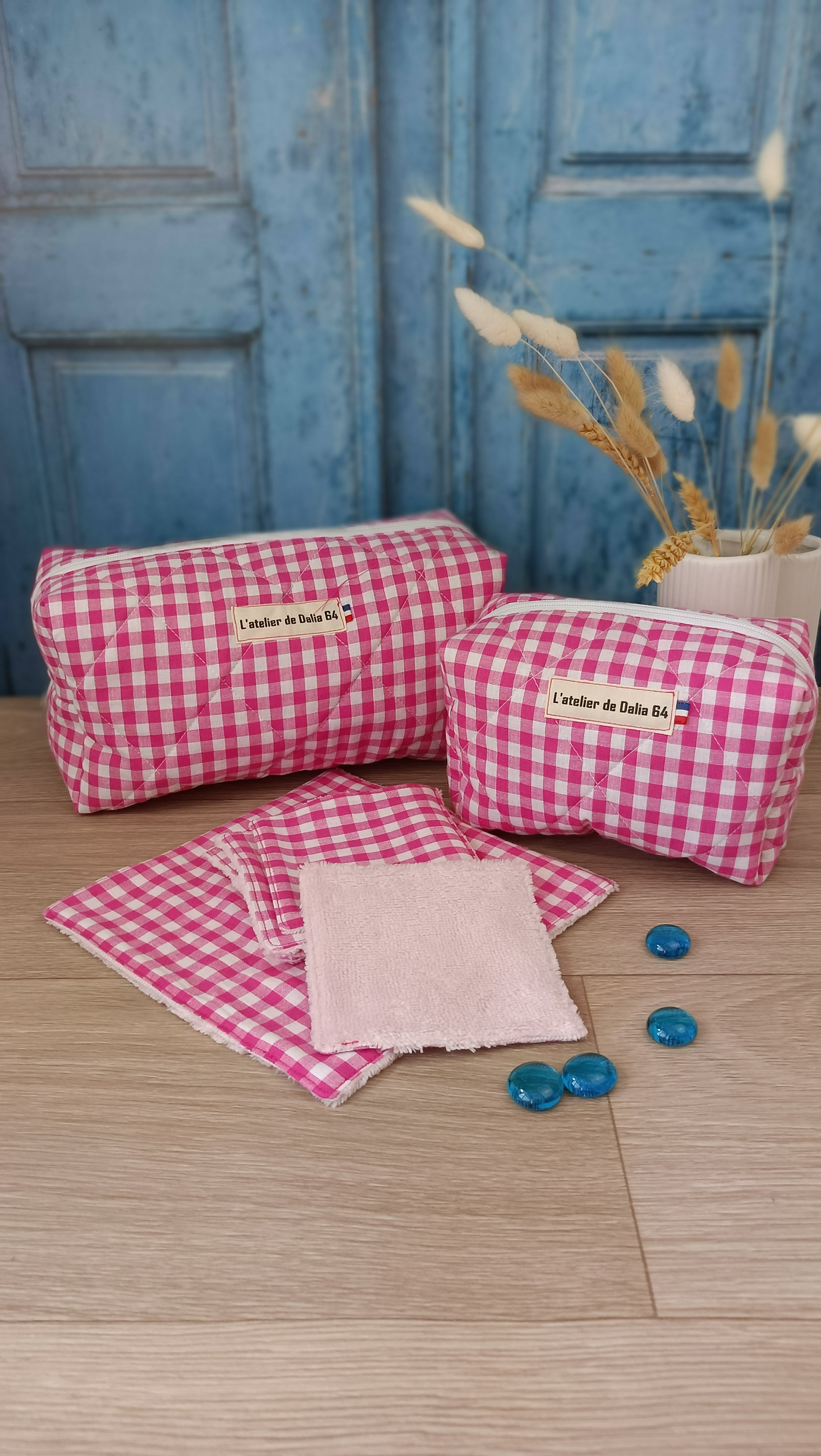 Trousses matelassées maquillage/toilette et accessoires assortis - Vichy fuchsia