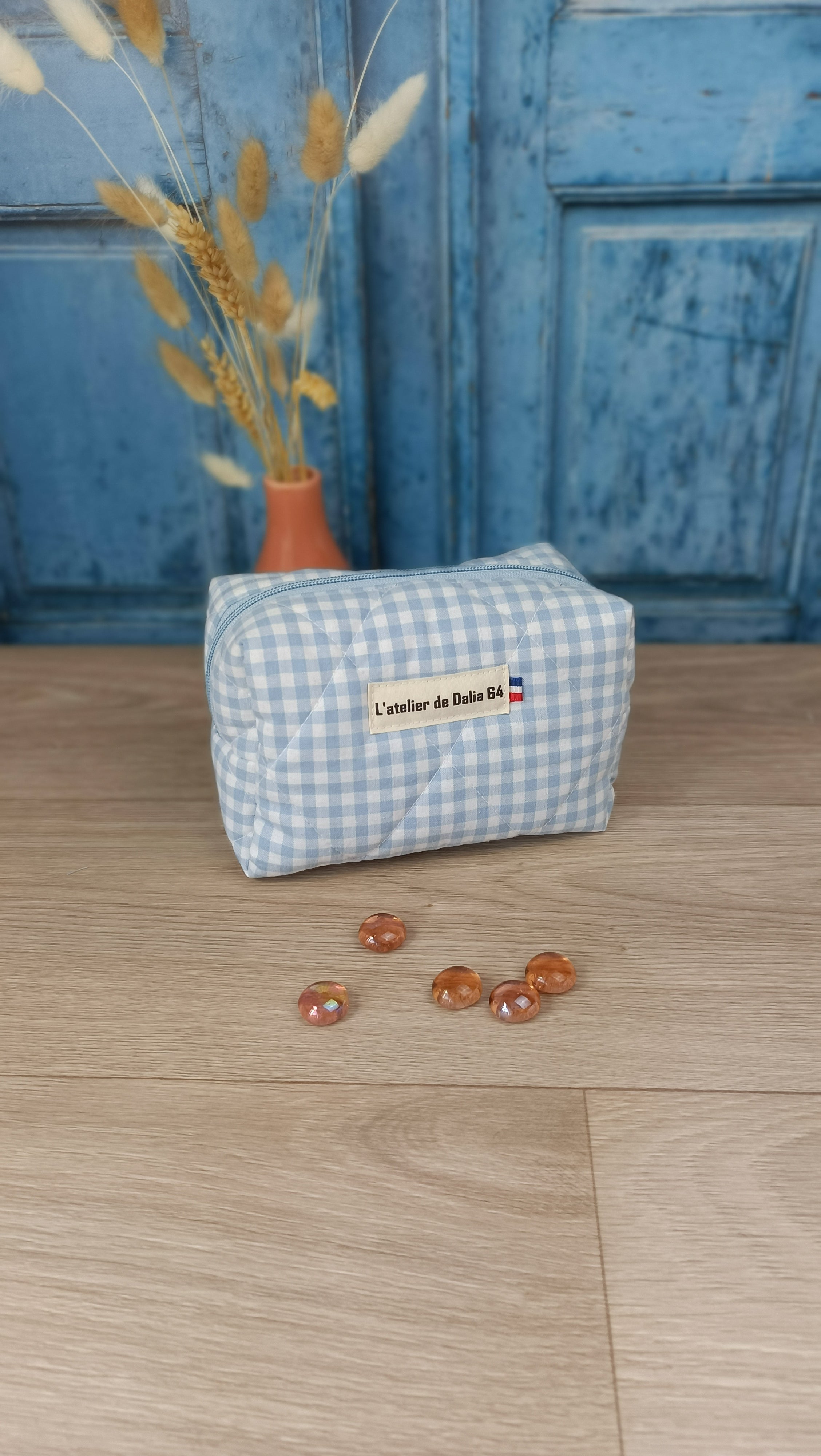 Trousses matelassées maquillage/toilette et accessoires assortis - Vichy bleu clair