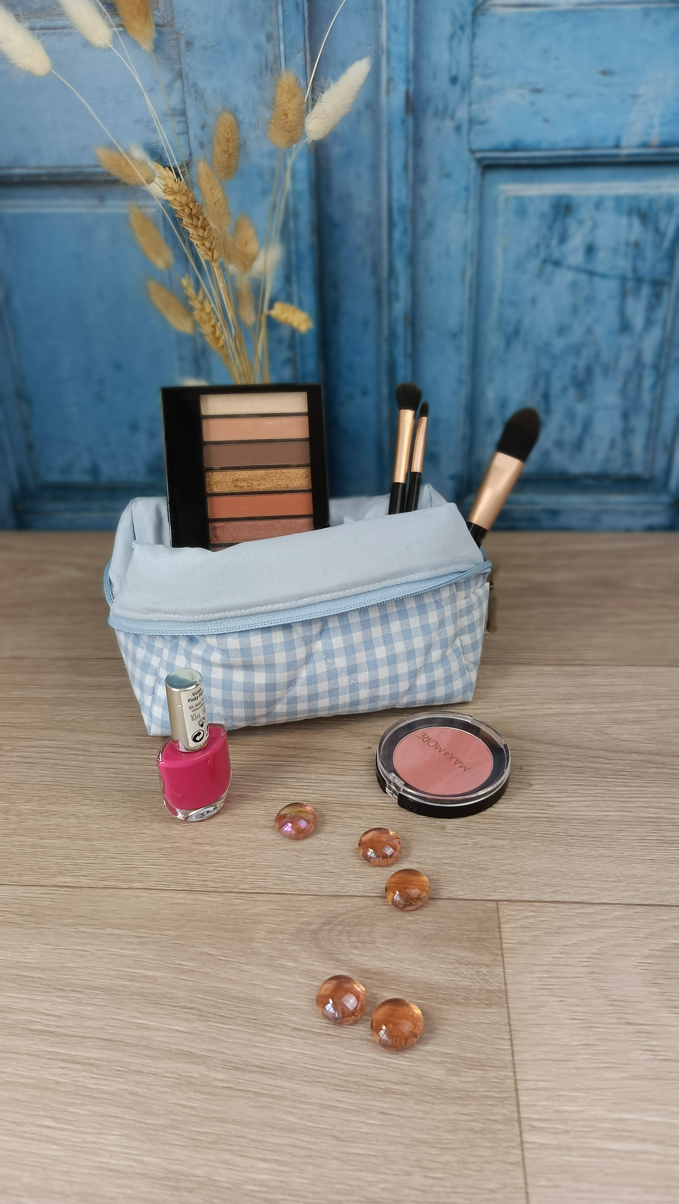 Trousses matelassées maquillage/toilette et accessoires assortis - Vichy bleu clair