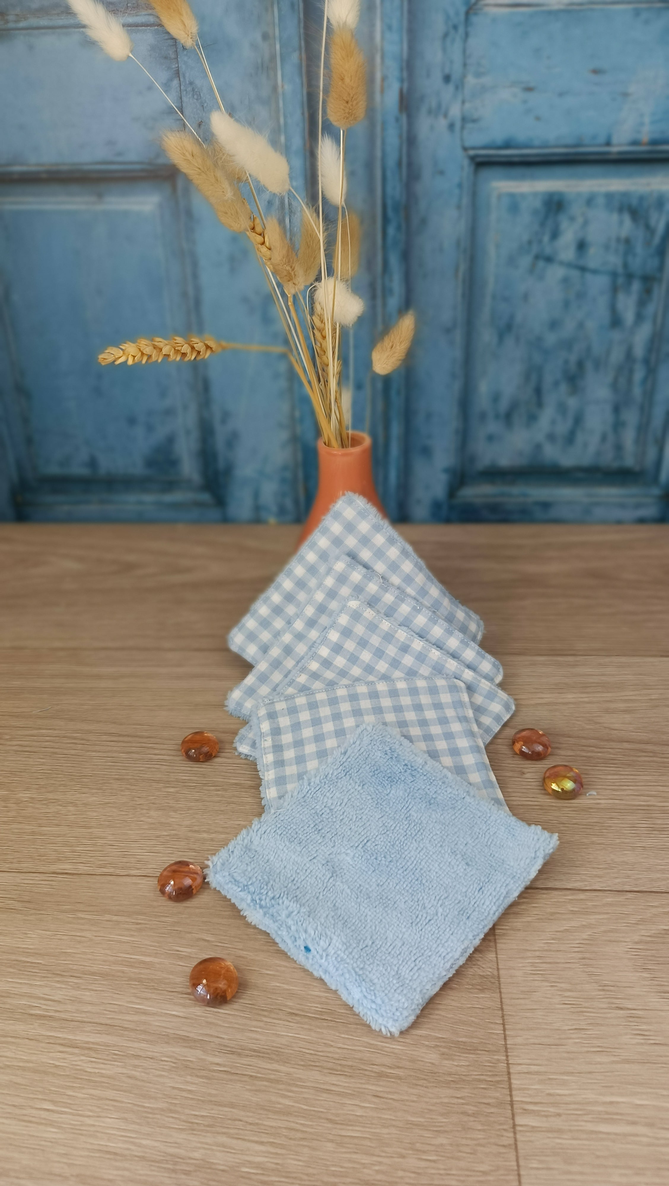 Trousses matelassées maquillage/toilette et accessoires assortis - Vichy bleu clair