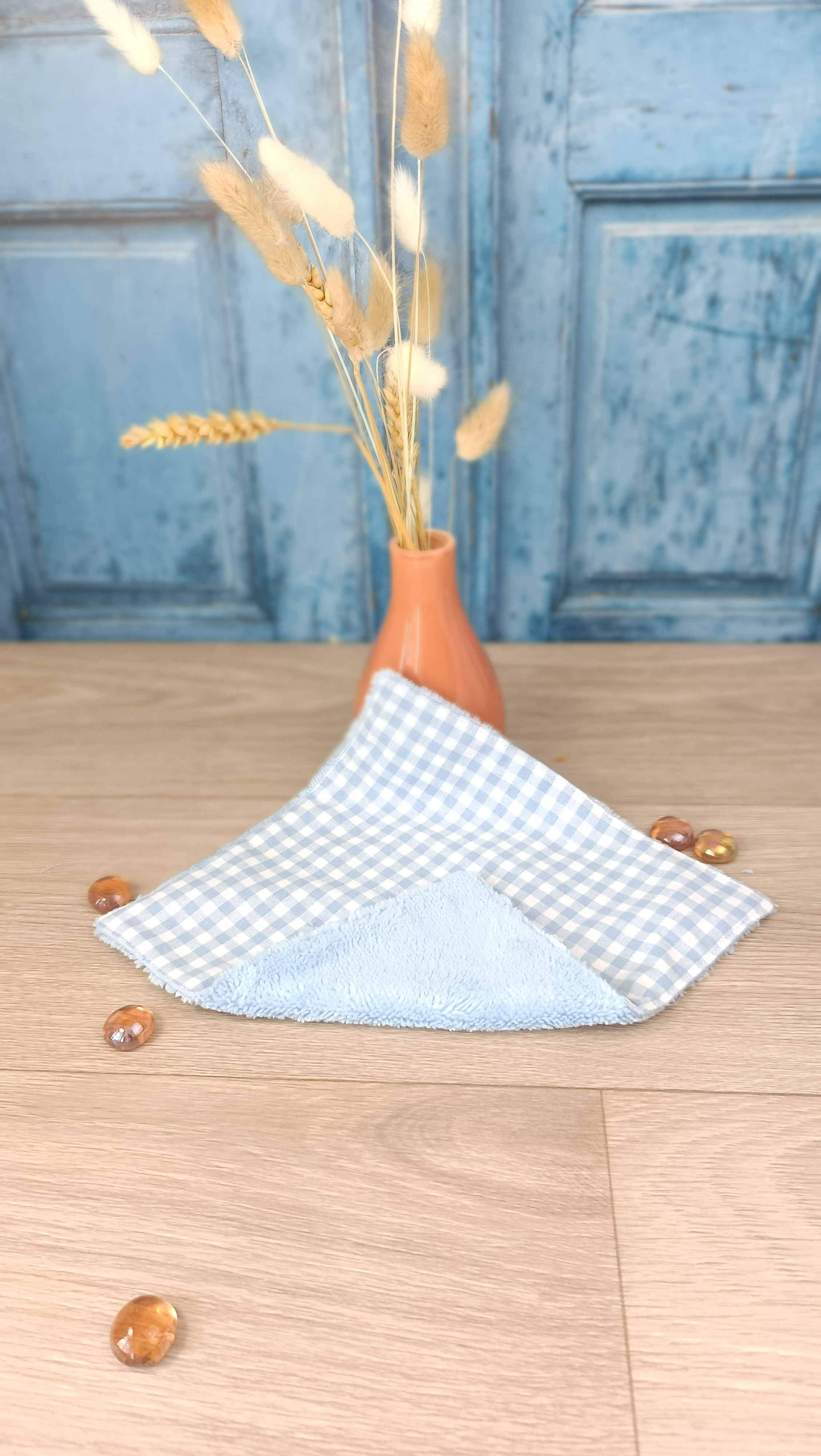 Trousses matelassées maquillage/toilette et accessoires assortis - Vichy bleu clair
