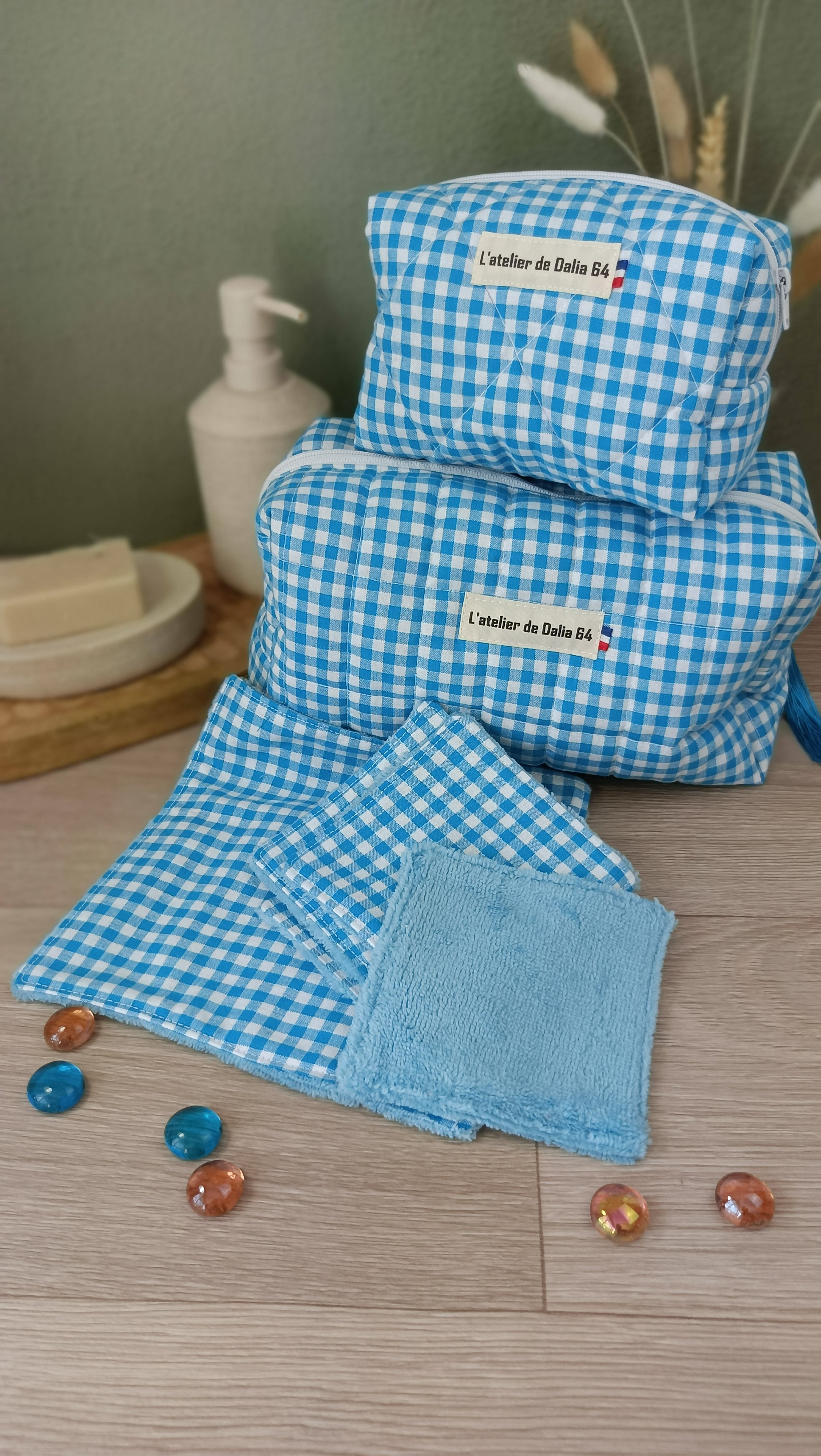 Trousses matelassées maquillage/toilette et accessoires assortis - Vichy turquoise