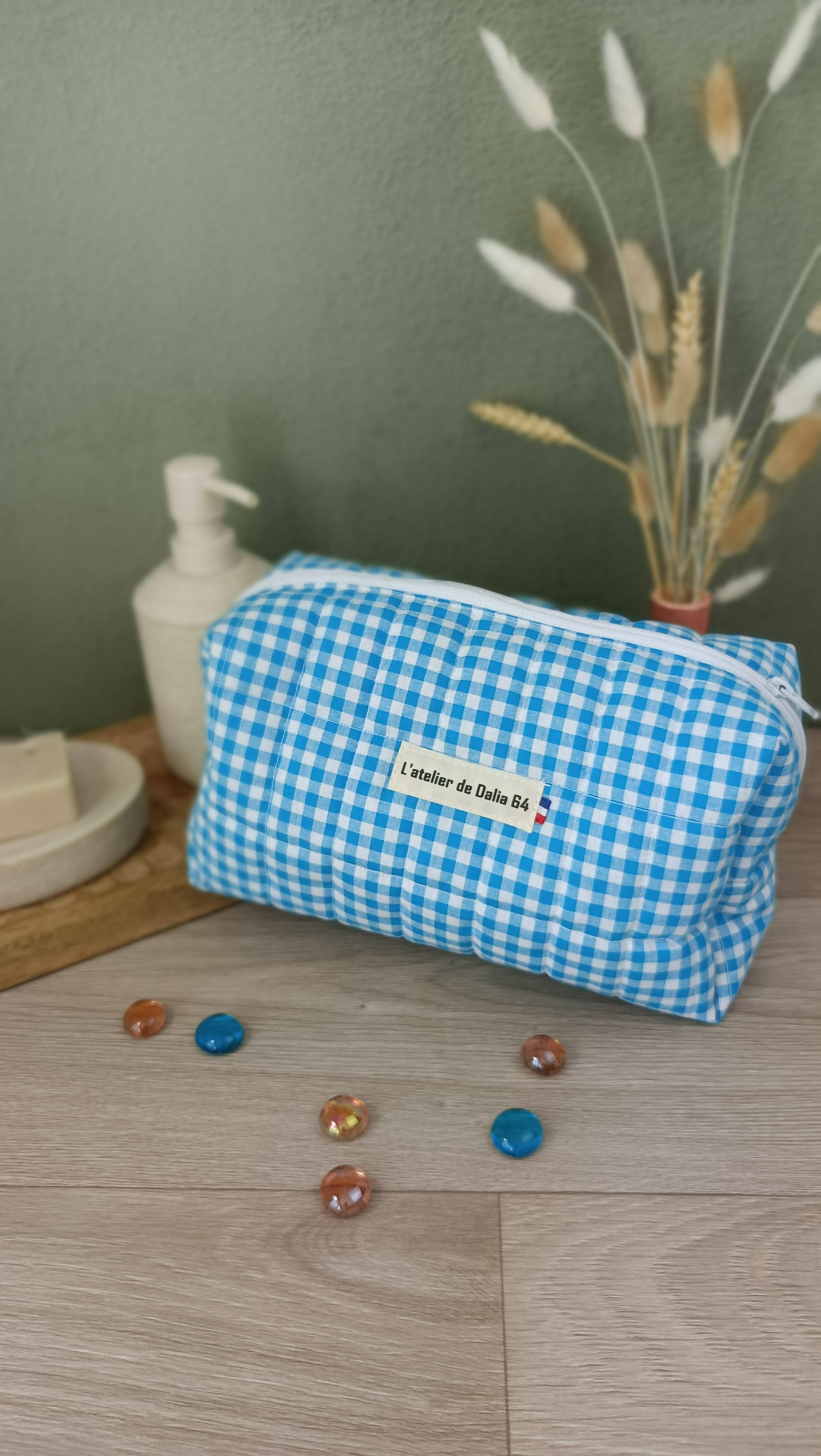 Trousses matelassées maquillage/toilette et accessoires assortis - Vichy turquoise