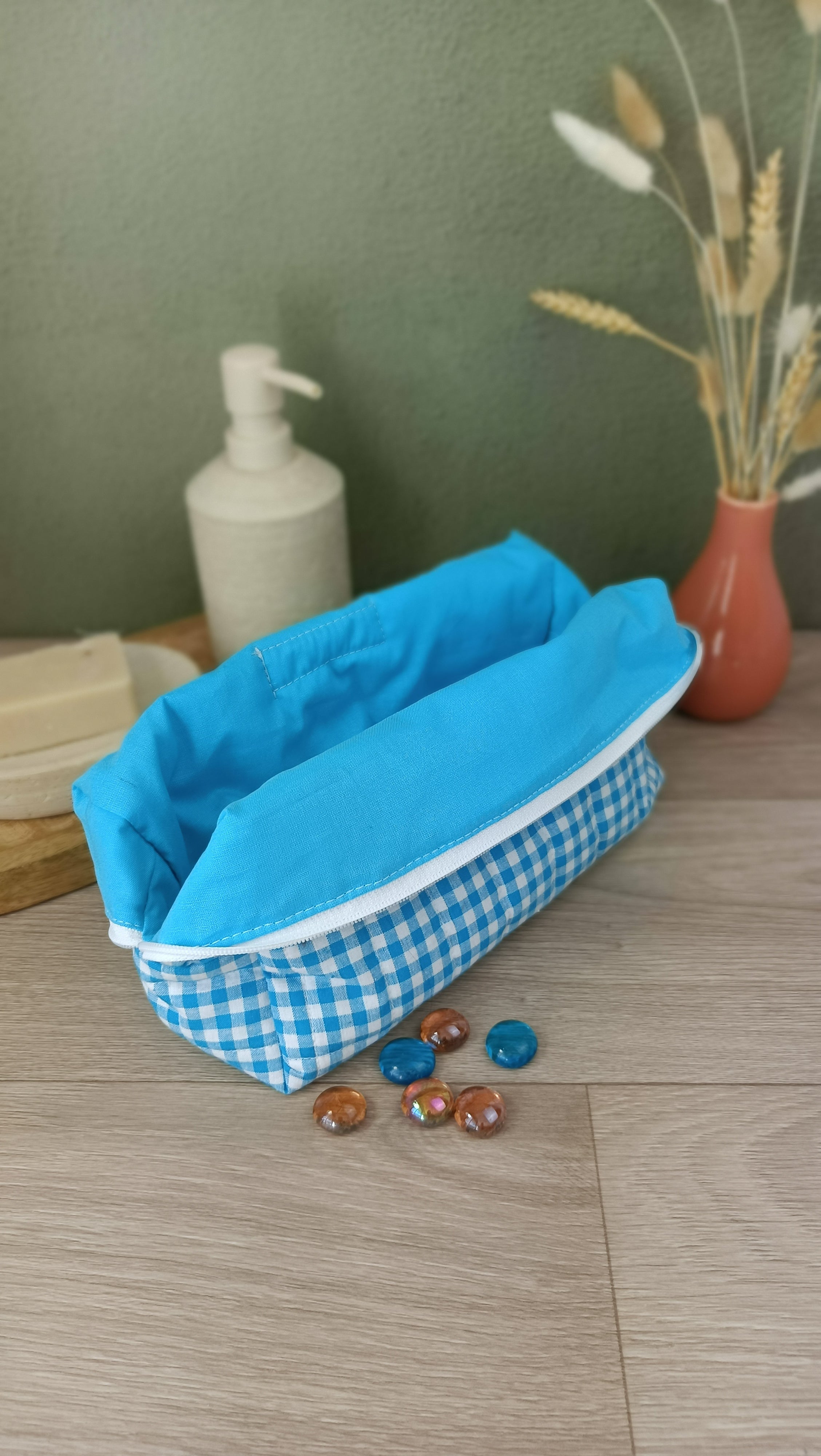 Trousses matelassées maquillage/toilette et accessoires assortis - Vichy turquoise