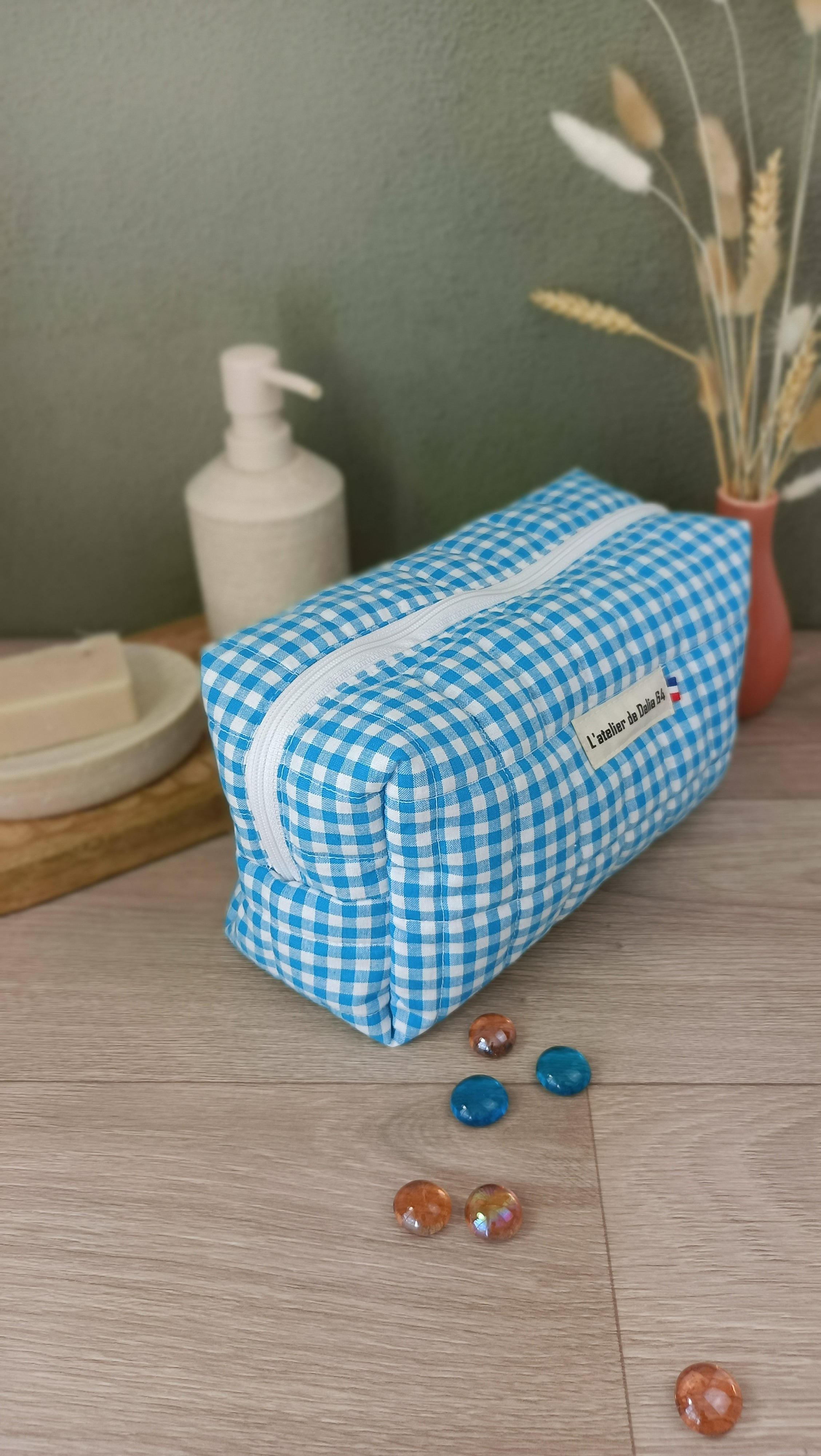 Trousses matelassées maquillage/toilette et accessoires assortis - Vichy turquoise
