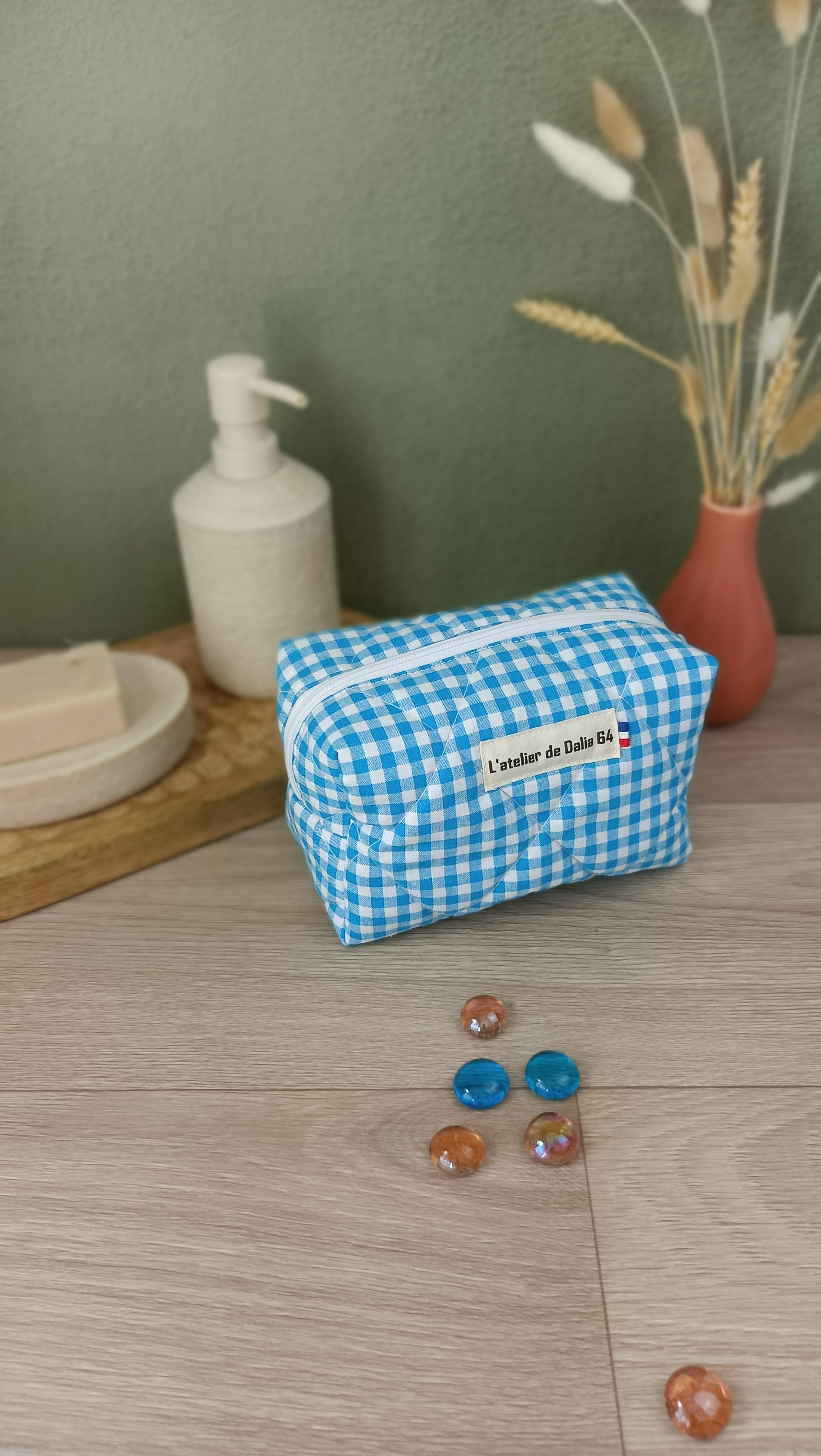 Trousses matelassées maquillage/toilette et accessoires assortis - Vichy turquoise