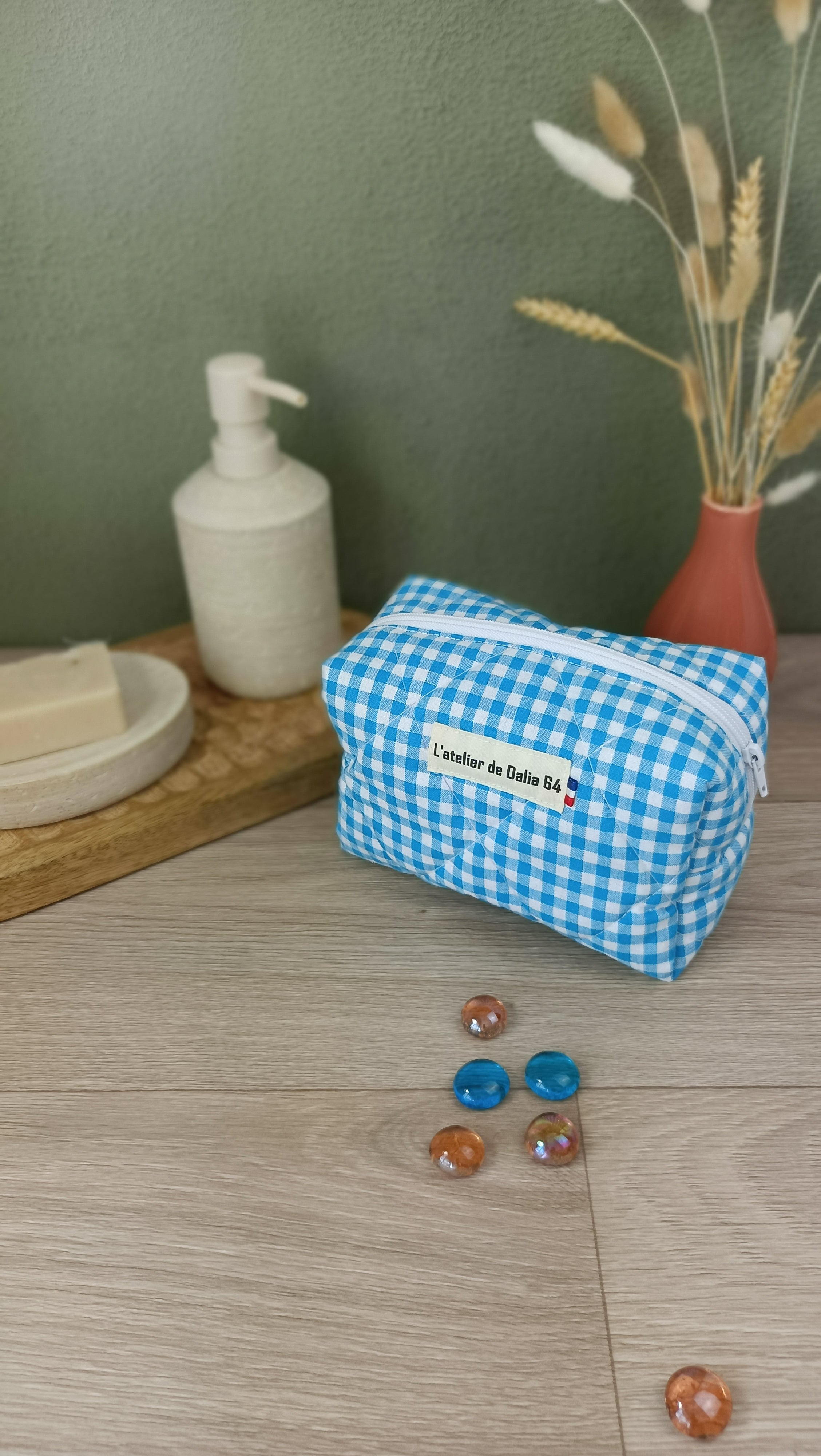 Trousses matelassées maquillage/toilette et accessoires assortis - Vichy turquoise