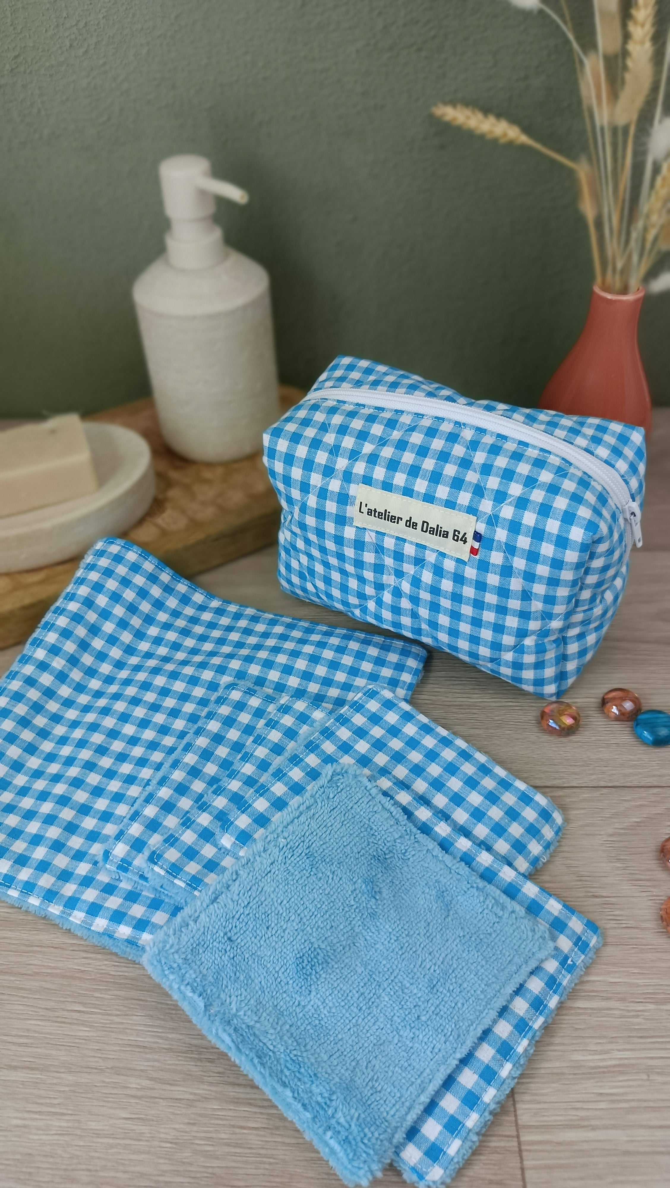 Trousses matelassées maquillage/toilette et accessoires assortis - Vichy turquoise
