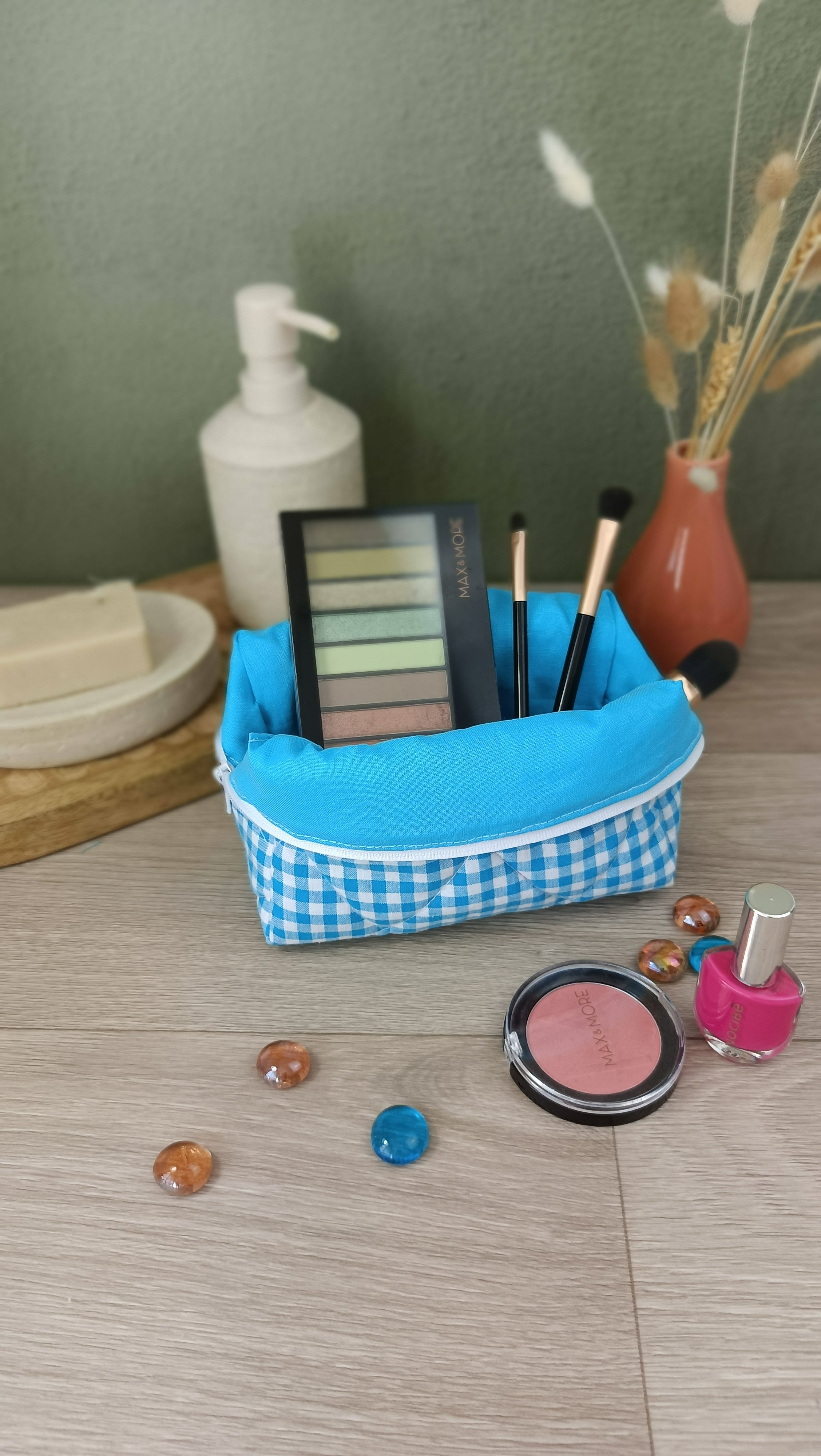 Trousses matelassées maquillage/toilette et accessoires assortis - Vichy turquoise