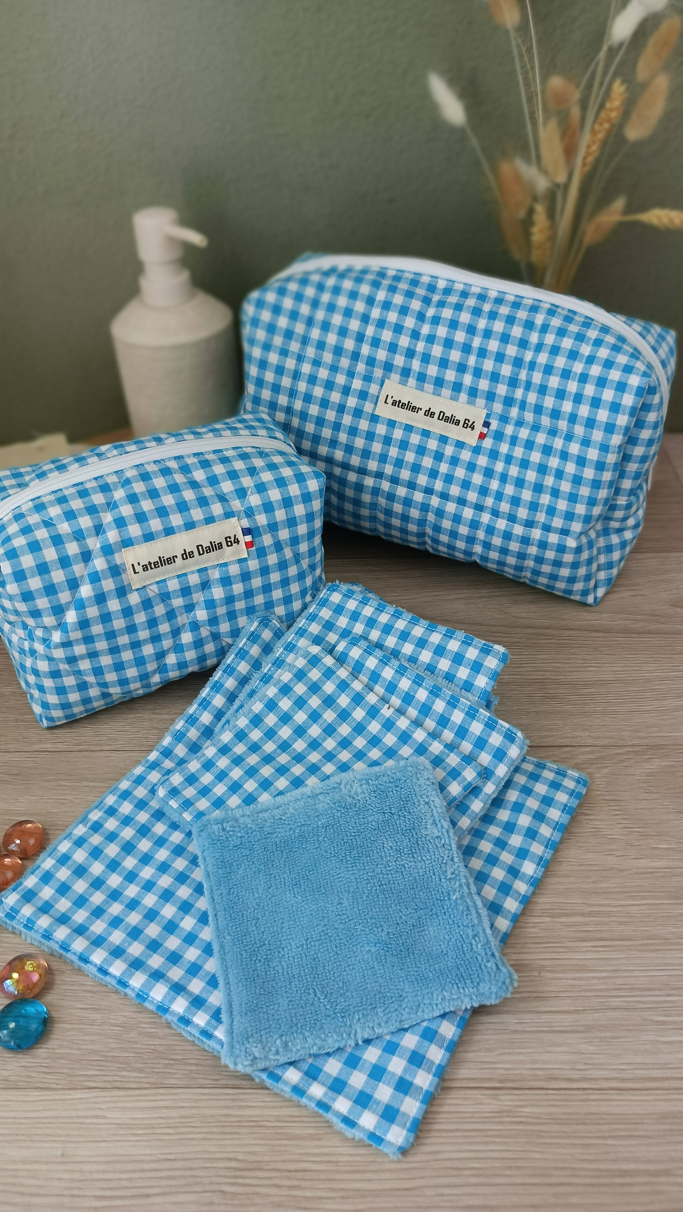 Trousses matelassées maquillage/toilette et accessoires assortis - Vichy turquoise