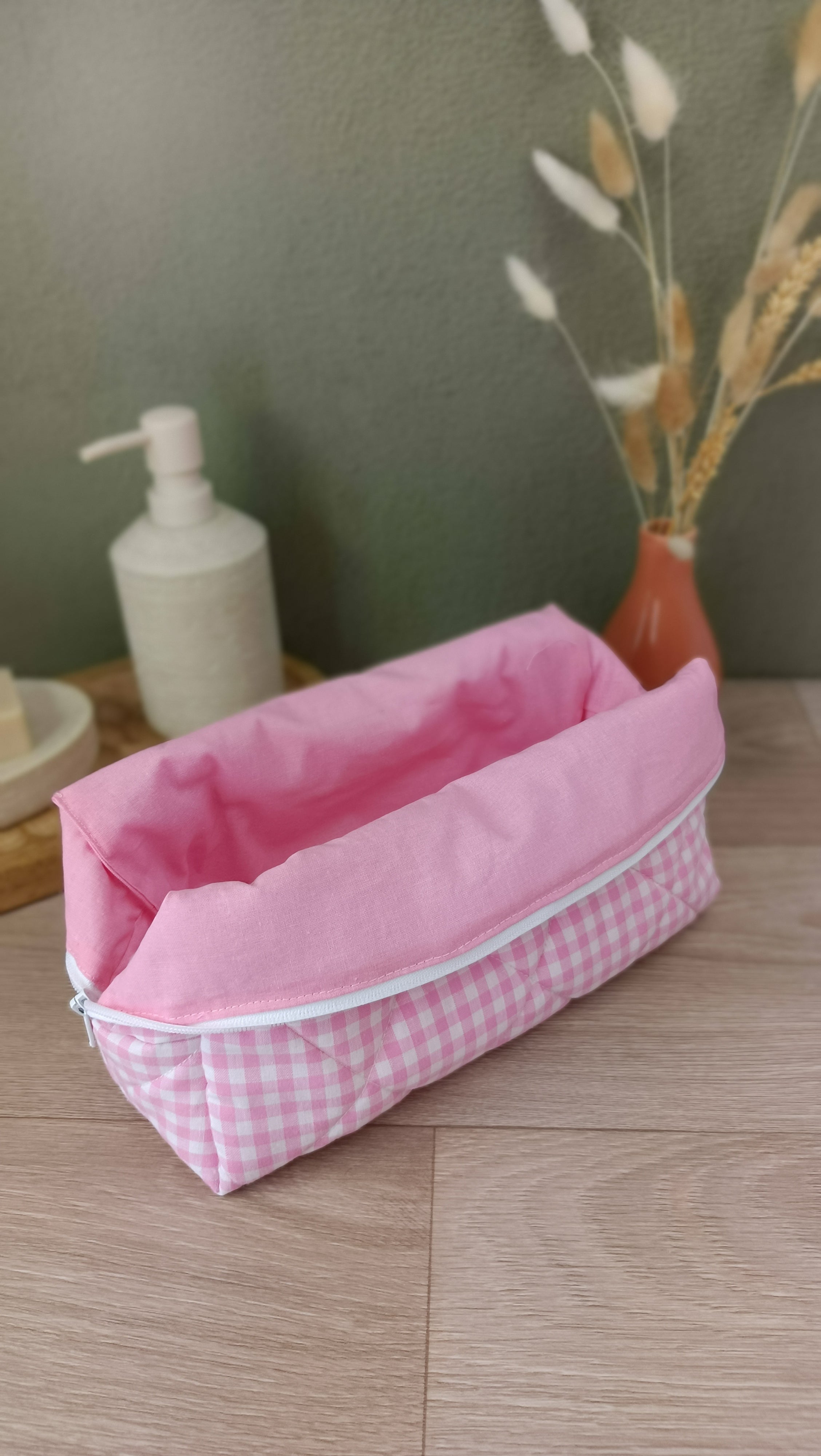 Trousses matelassées maquillage/toilette et accessoires assortis - Vichy rose clair