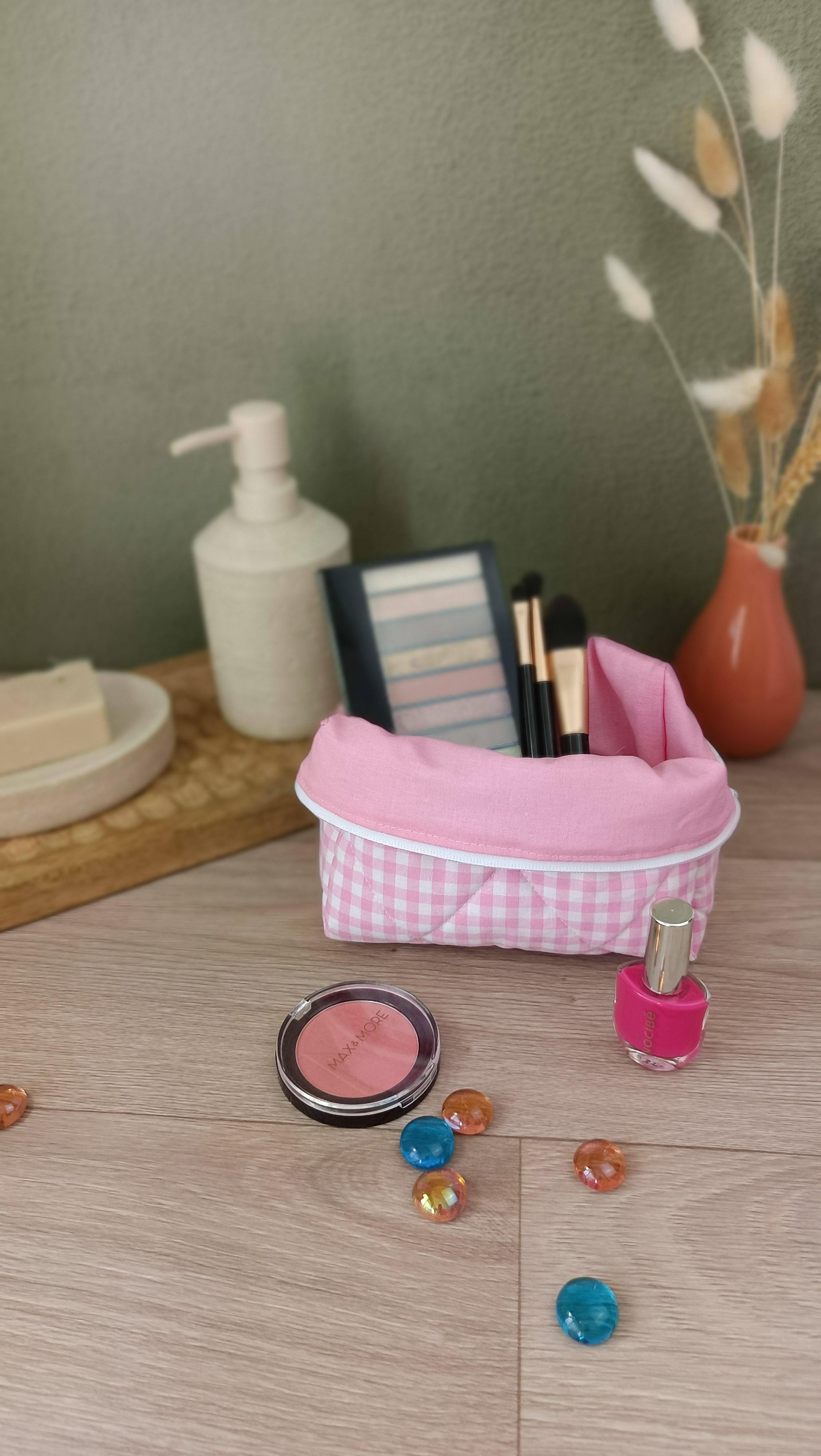 Trousses matelassées maquillage/toilette et accessoires assortis - Vichy rose clair