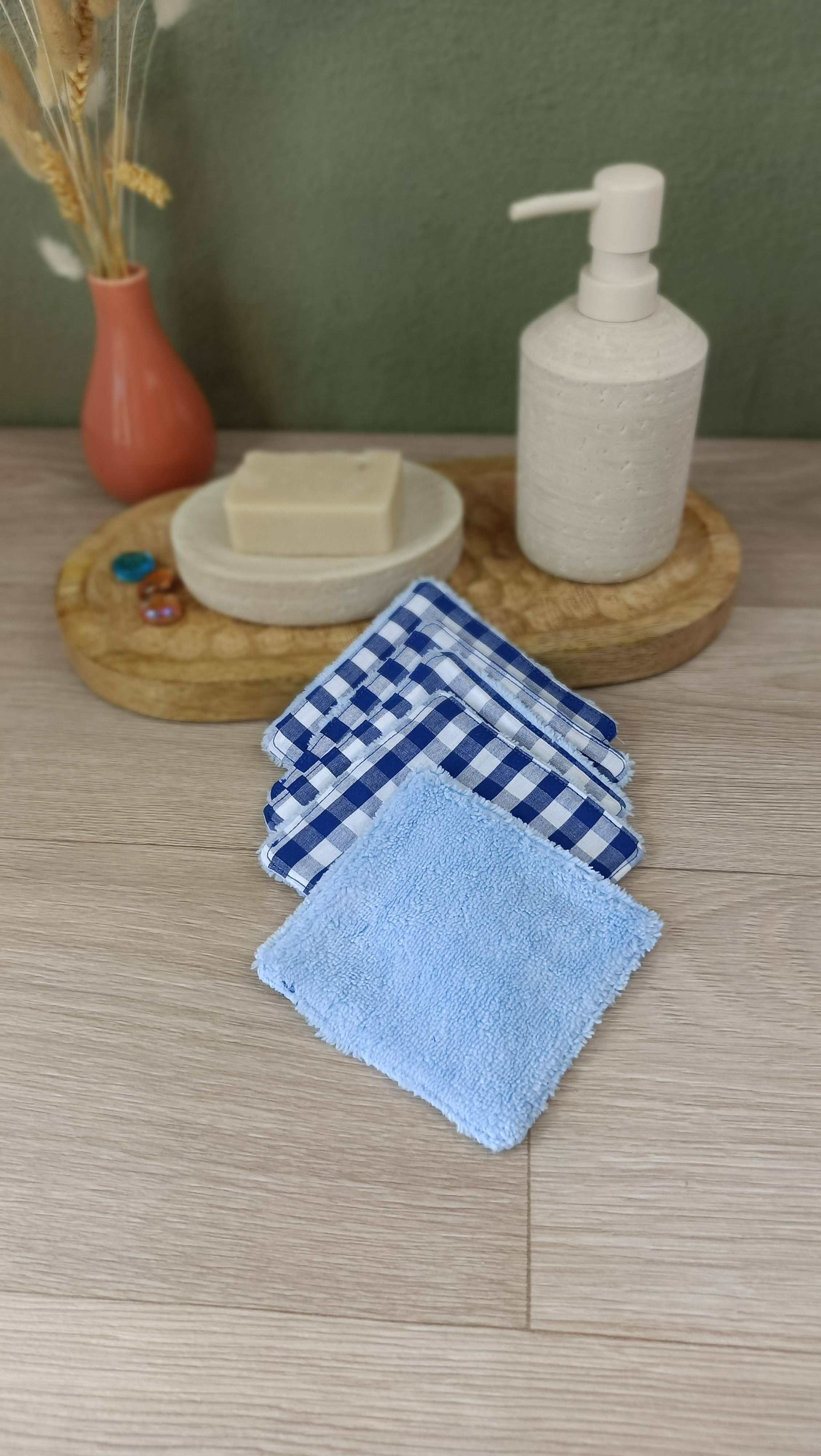 Trousses matelassées maquillage/toilette et accessoires assortis - Vichy bleu marine
