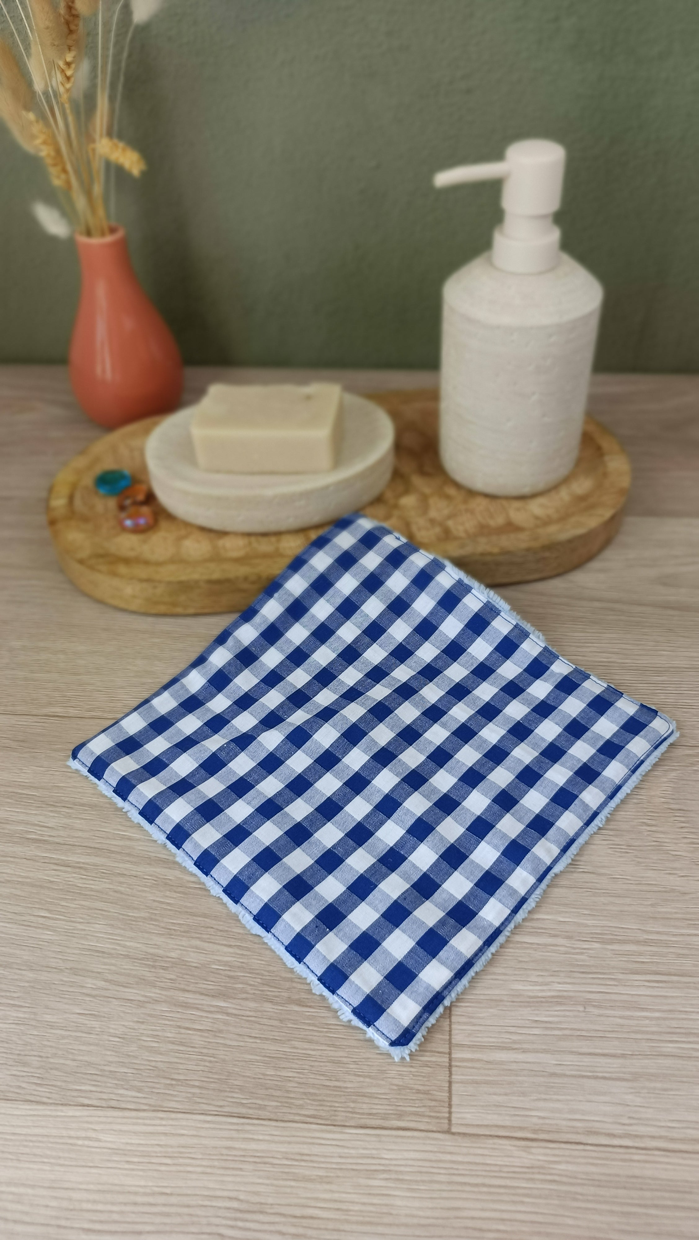 Trousses matelassées maquillage/toilette et accessoires assortis - Vichy bleu marine