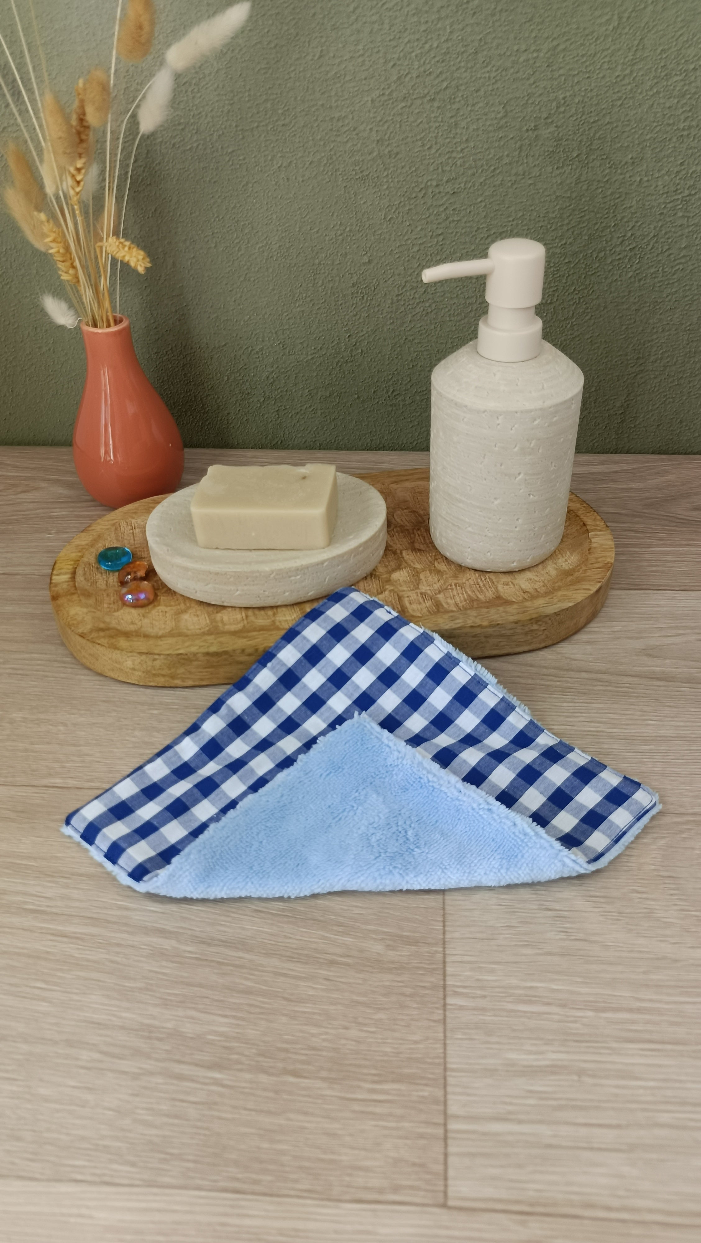 Trousses matelassées maquillage/toilette et accessoires assortis - Vichy bleu marine