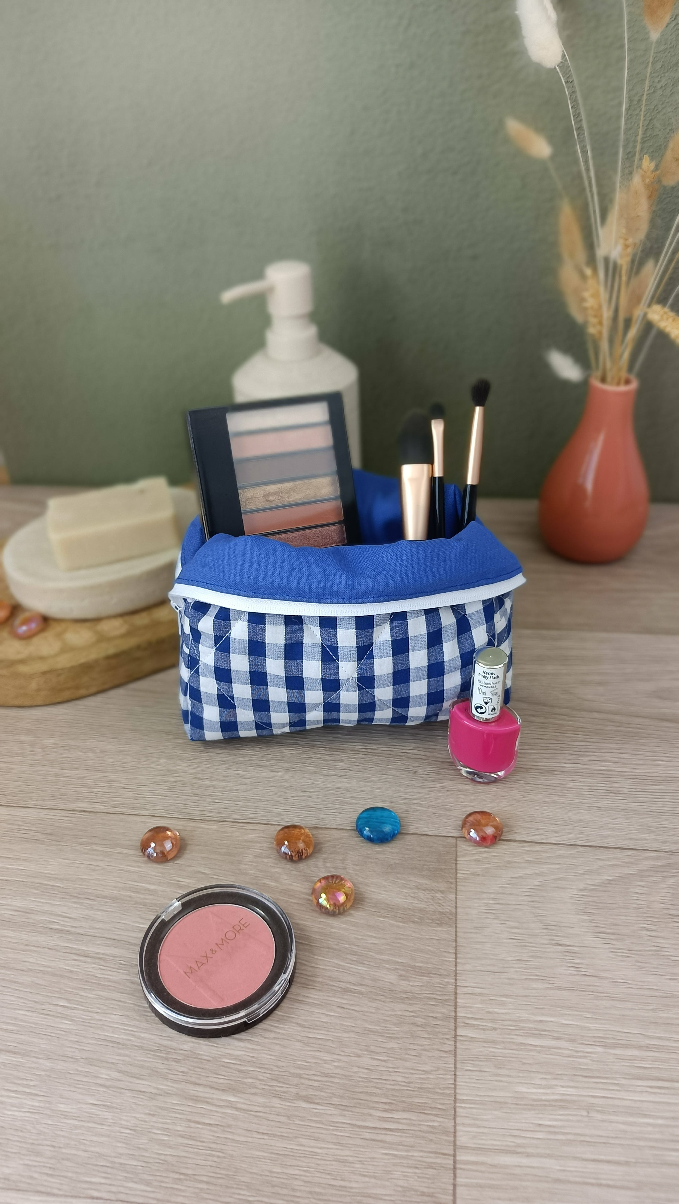 Trousses matelassées maquillage/toilette et accessoires assortis - Vichy bleu marine