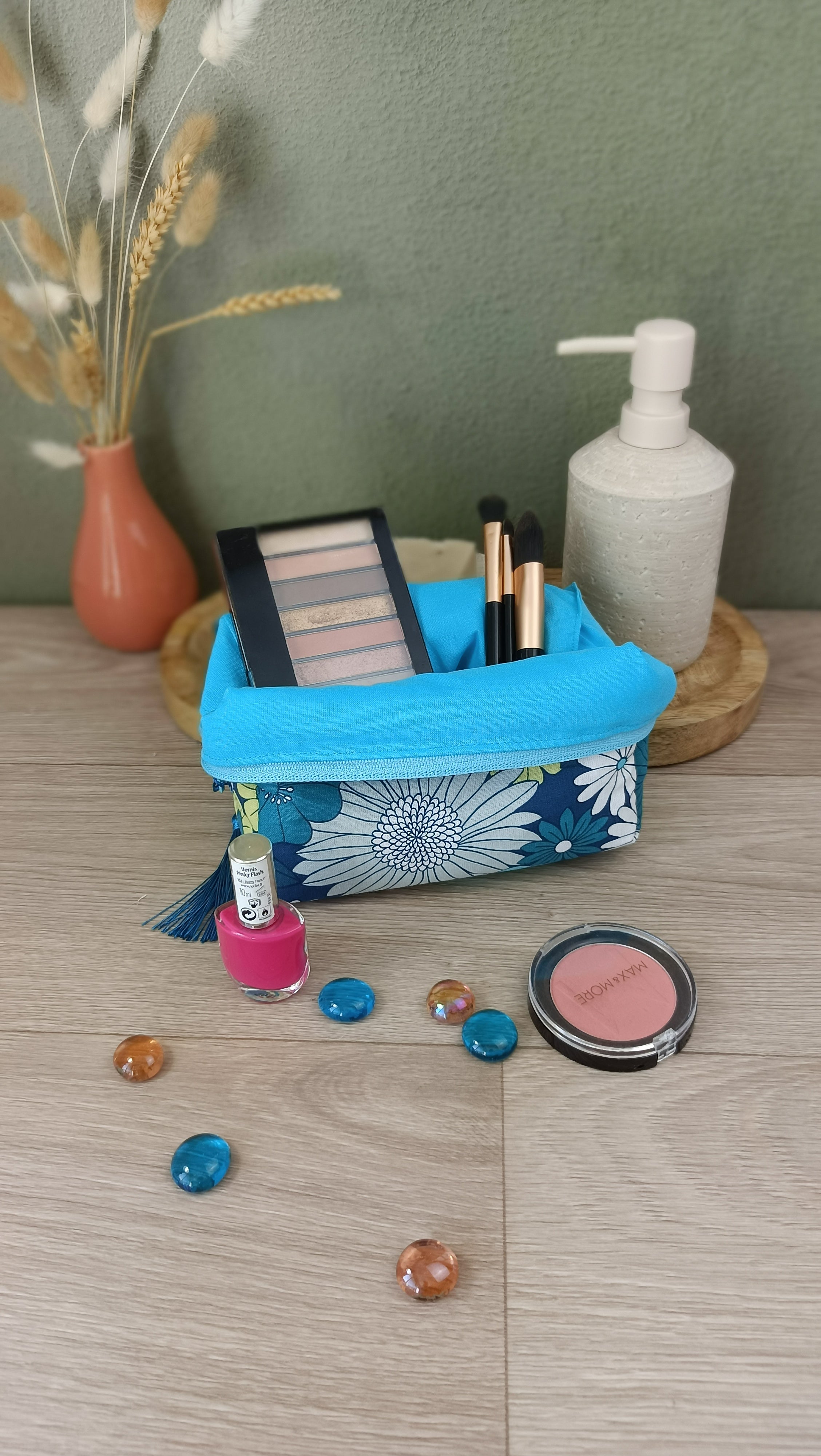 Trousse maquillage molletonnée et accessoires assortis - Ibiza bleu
