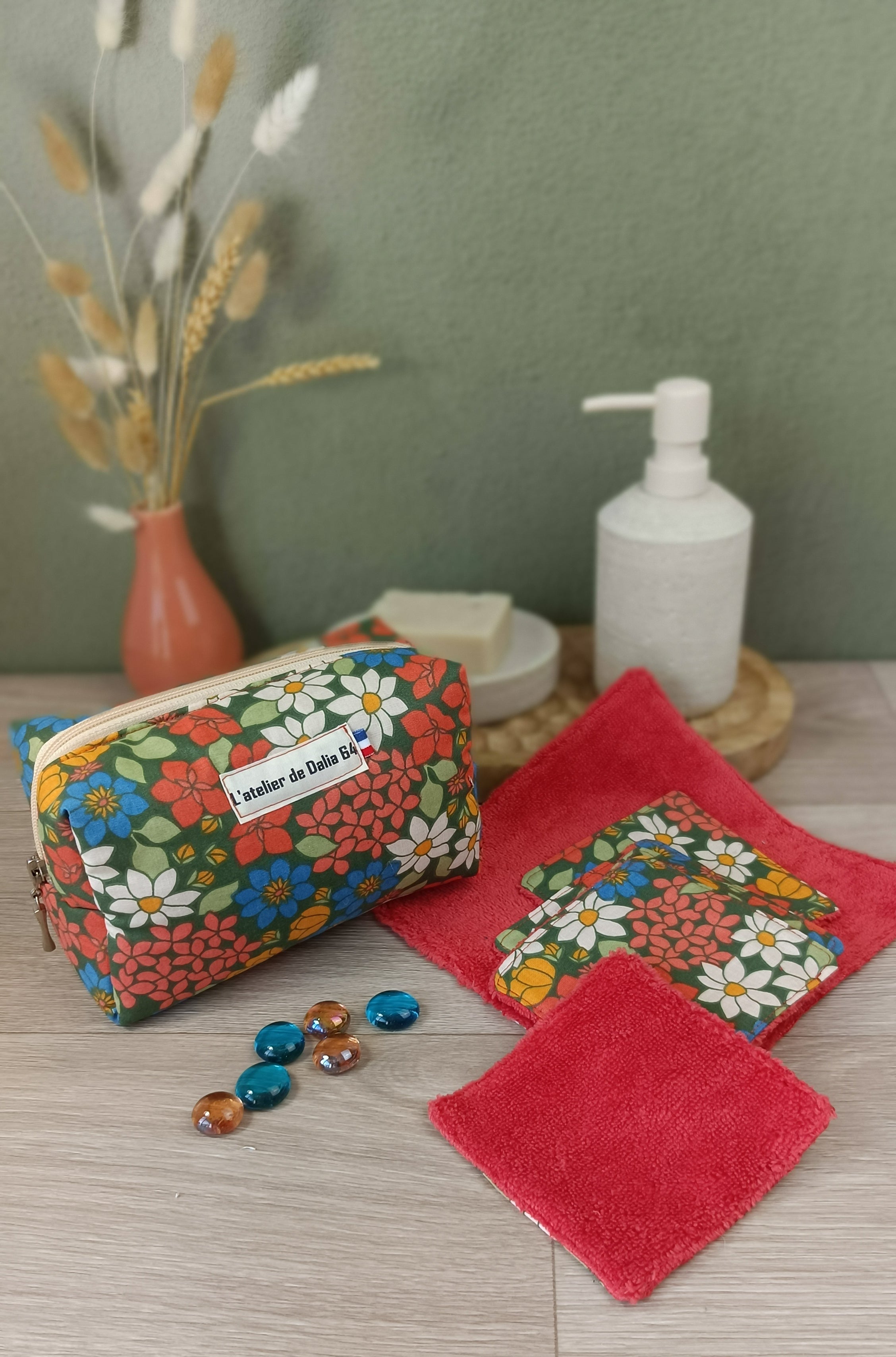 Trousse maquillage molletonnée et accessoires assortis - Fleuri orange vert