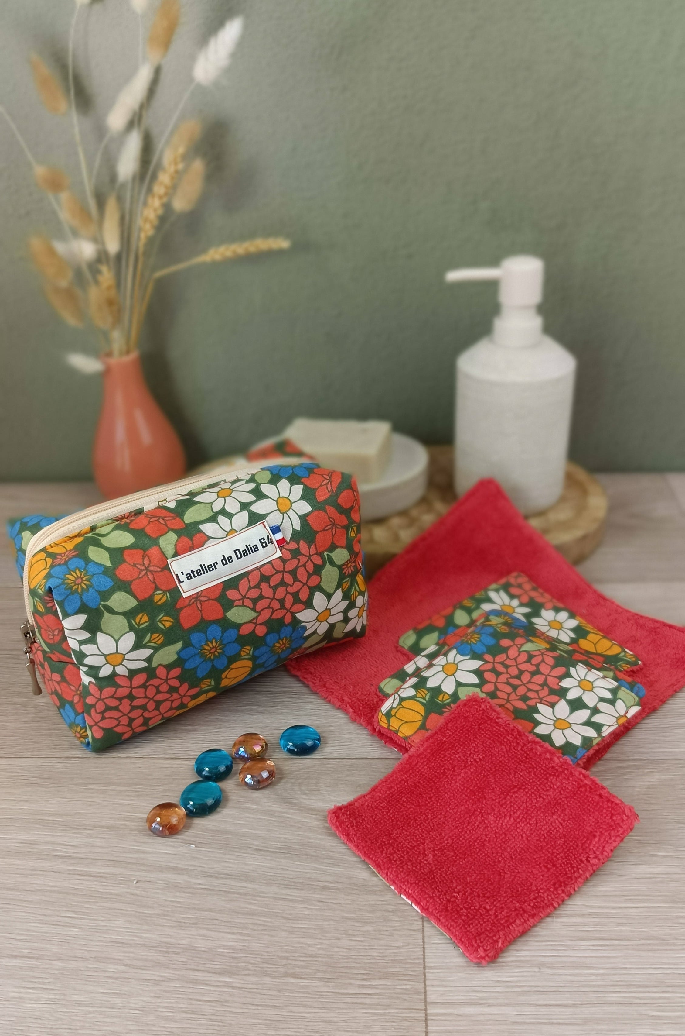 Trousse maquillage molletonnée et accessoires assortis - Fleuri orange vert