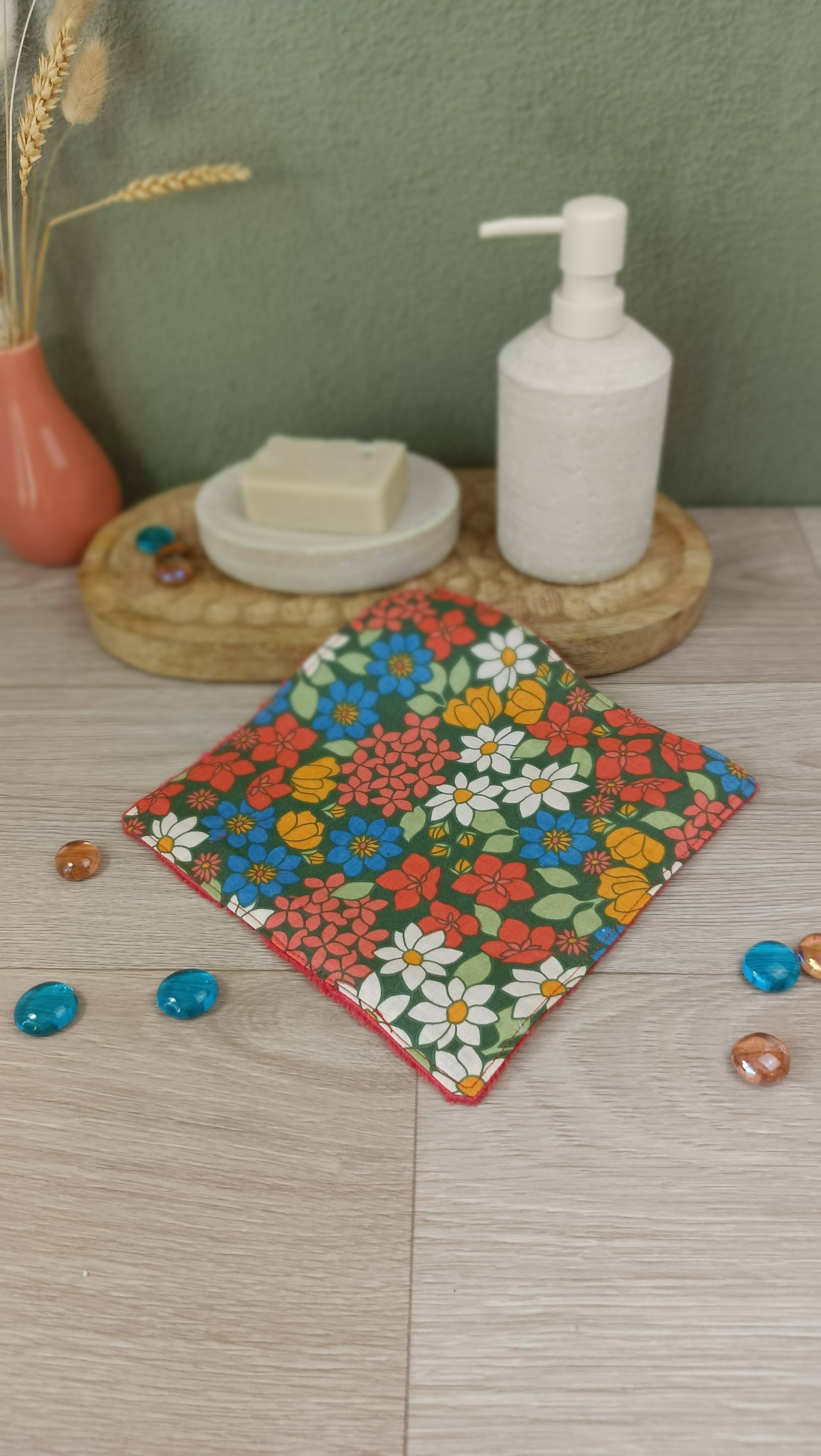 Trousse maquillage molletonnée et accessoires assortis - Fleuri orange vert