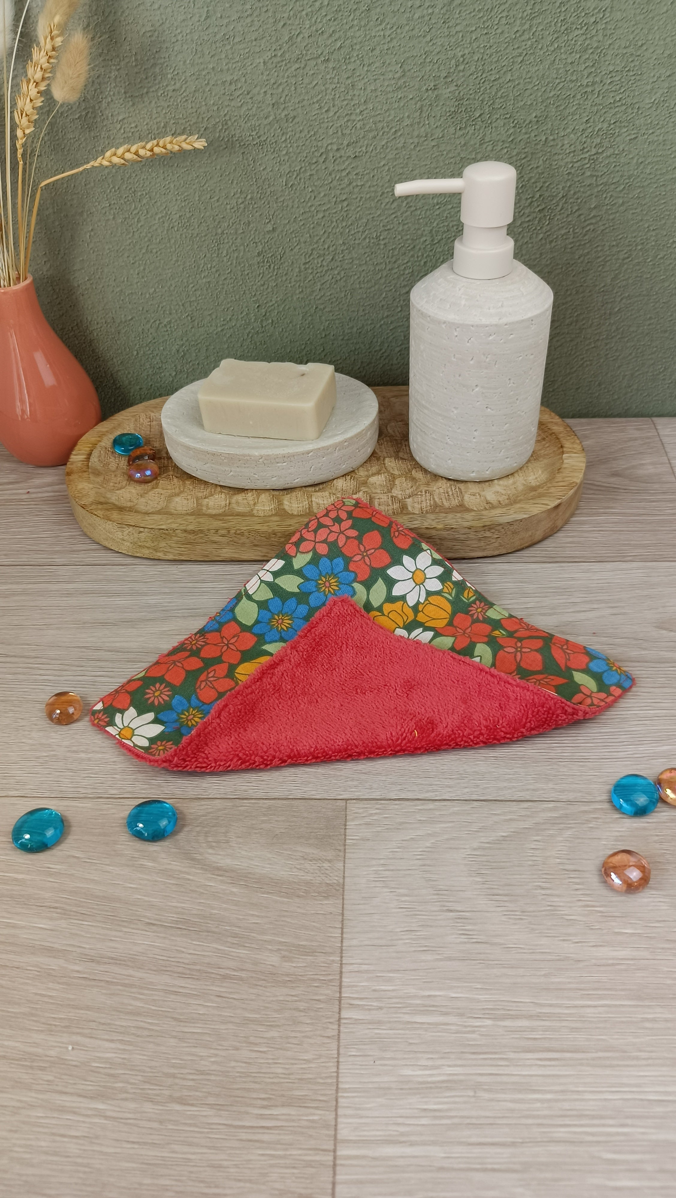 Trousse maquillage molletonnée et accessoires assortis - Fleuri orange vert