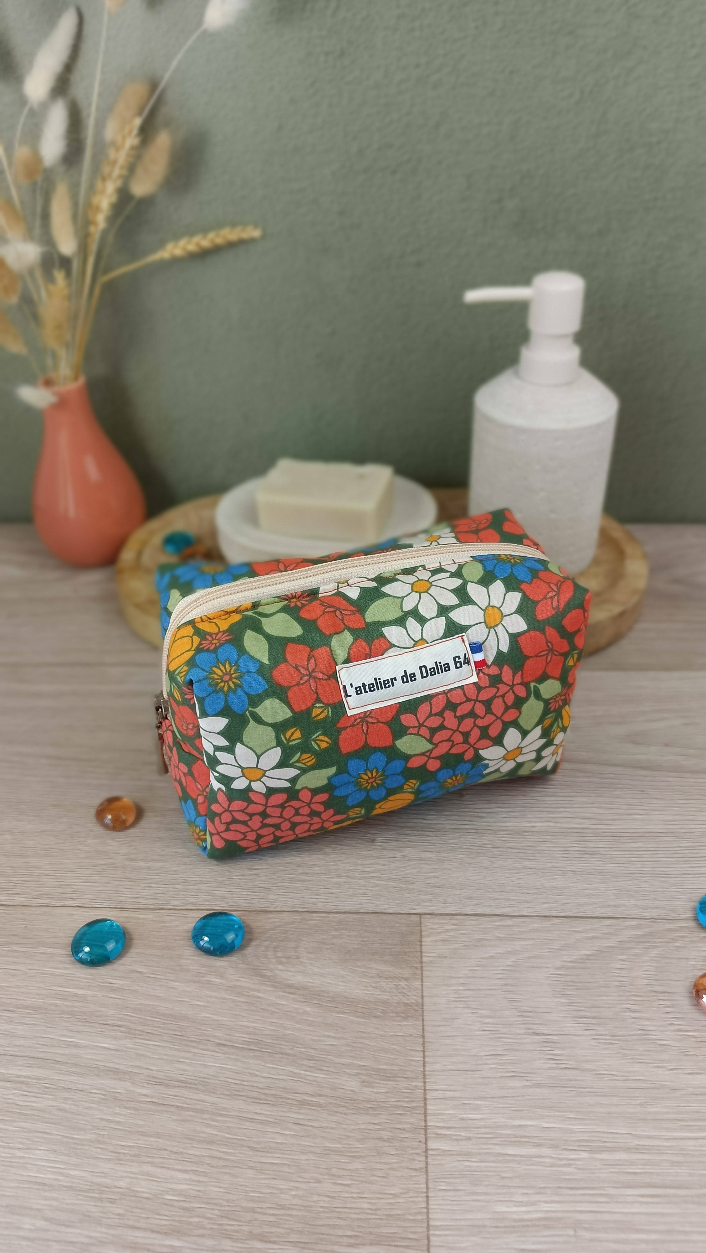 Trousse maquillage molletonnée et accessoires assortis - Fleuri orange vert